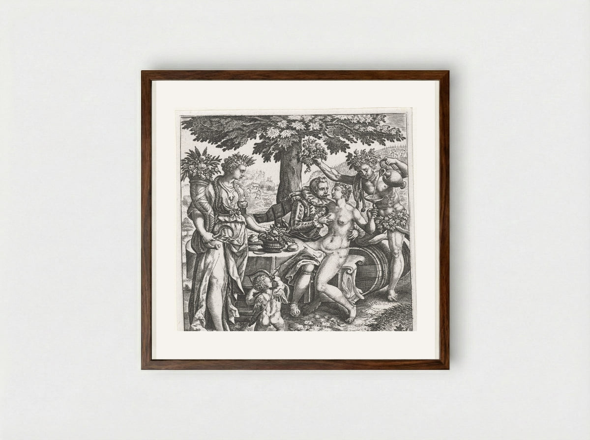 Man in gezelschap van Venus, Ceres en Bacchus - Johann Theodor de Bry - Framed Print Dark Wood