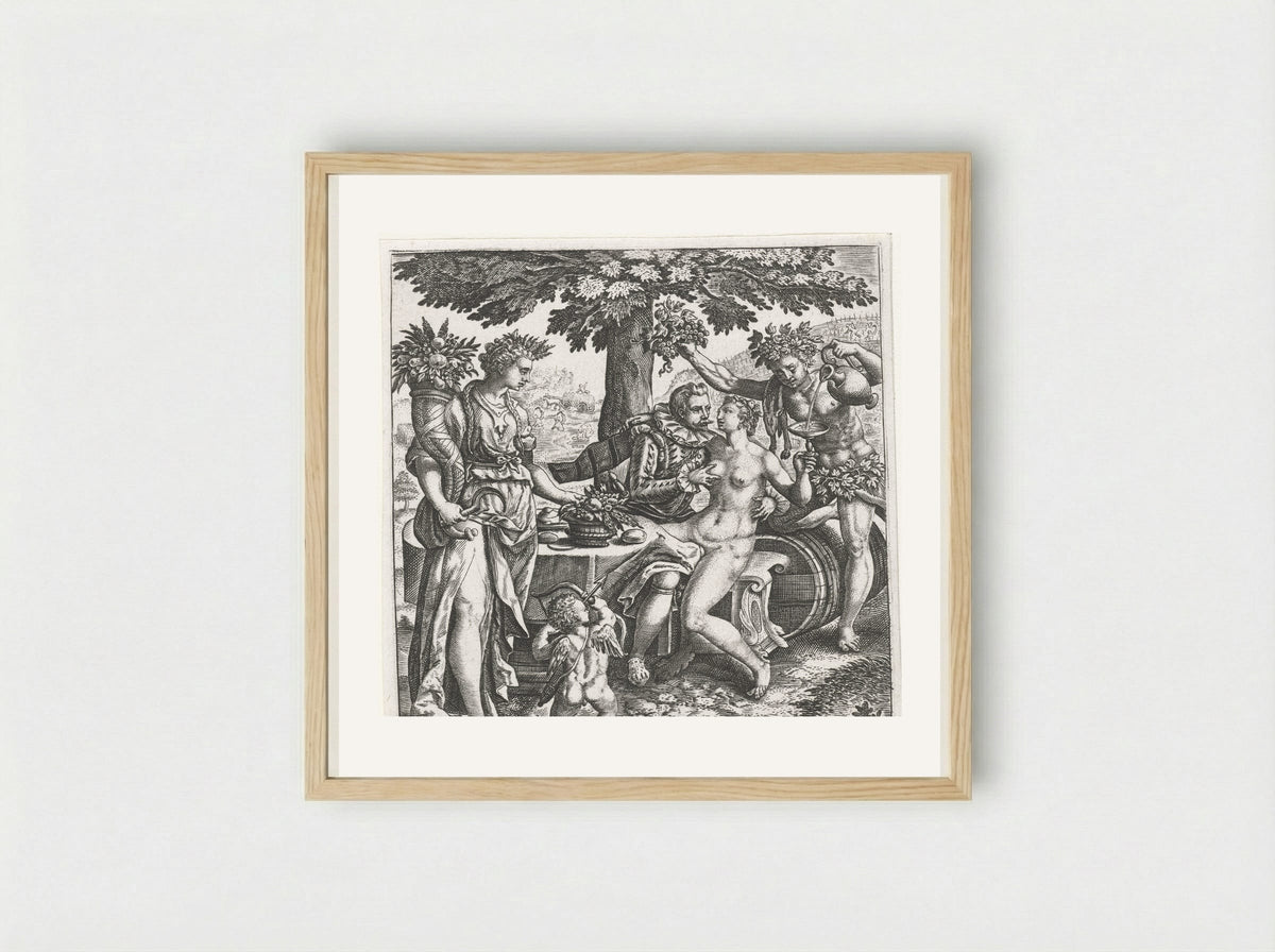 Man in gezelschap van Venus, Ceres en Bacchus - Johann Theodor de Bry - Framed Print Wood