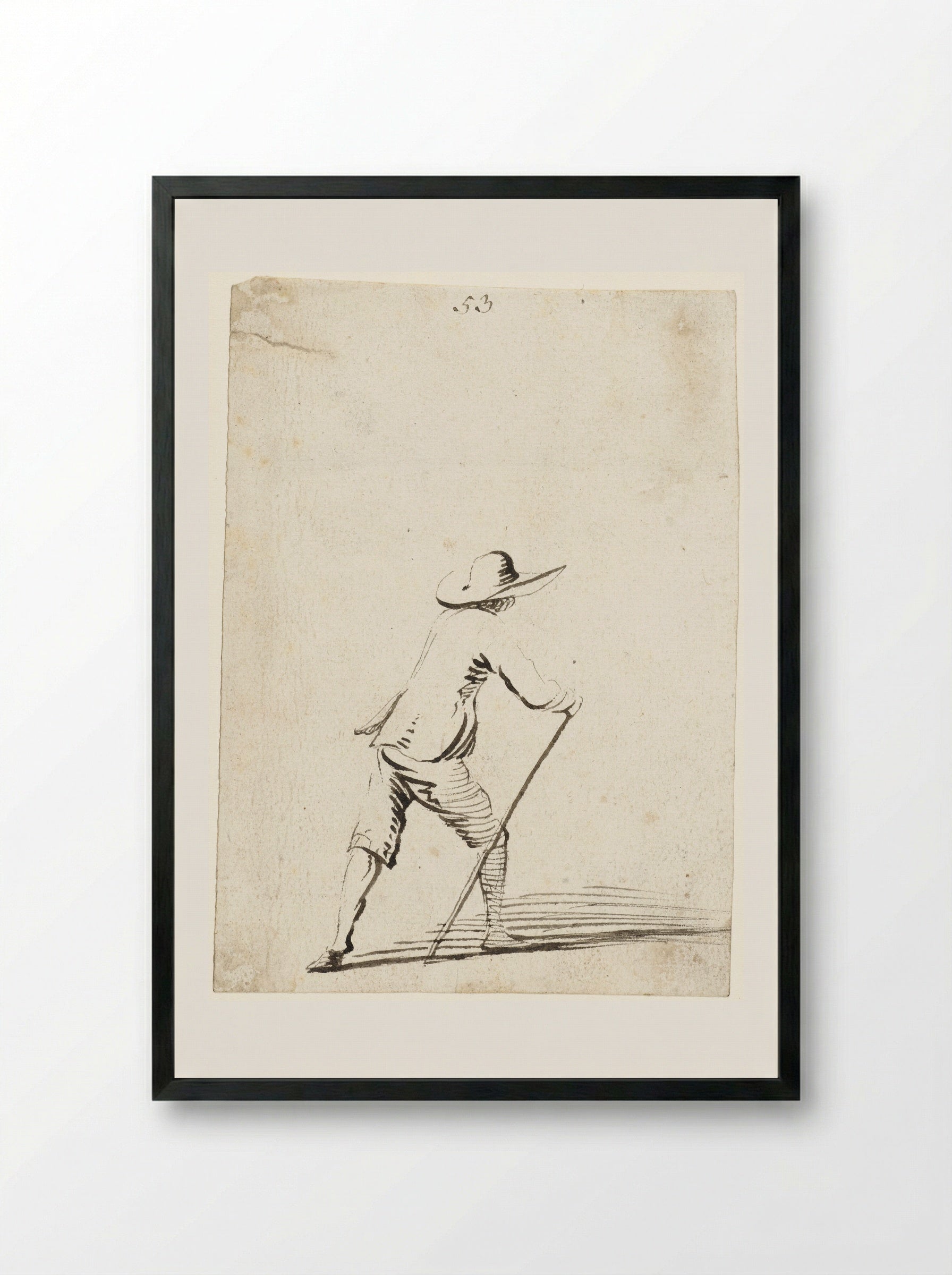 Man leunend op een stok terwijl hij naar rechts loopt, van achteren - Harmen ter Borch - Framed Print Black