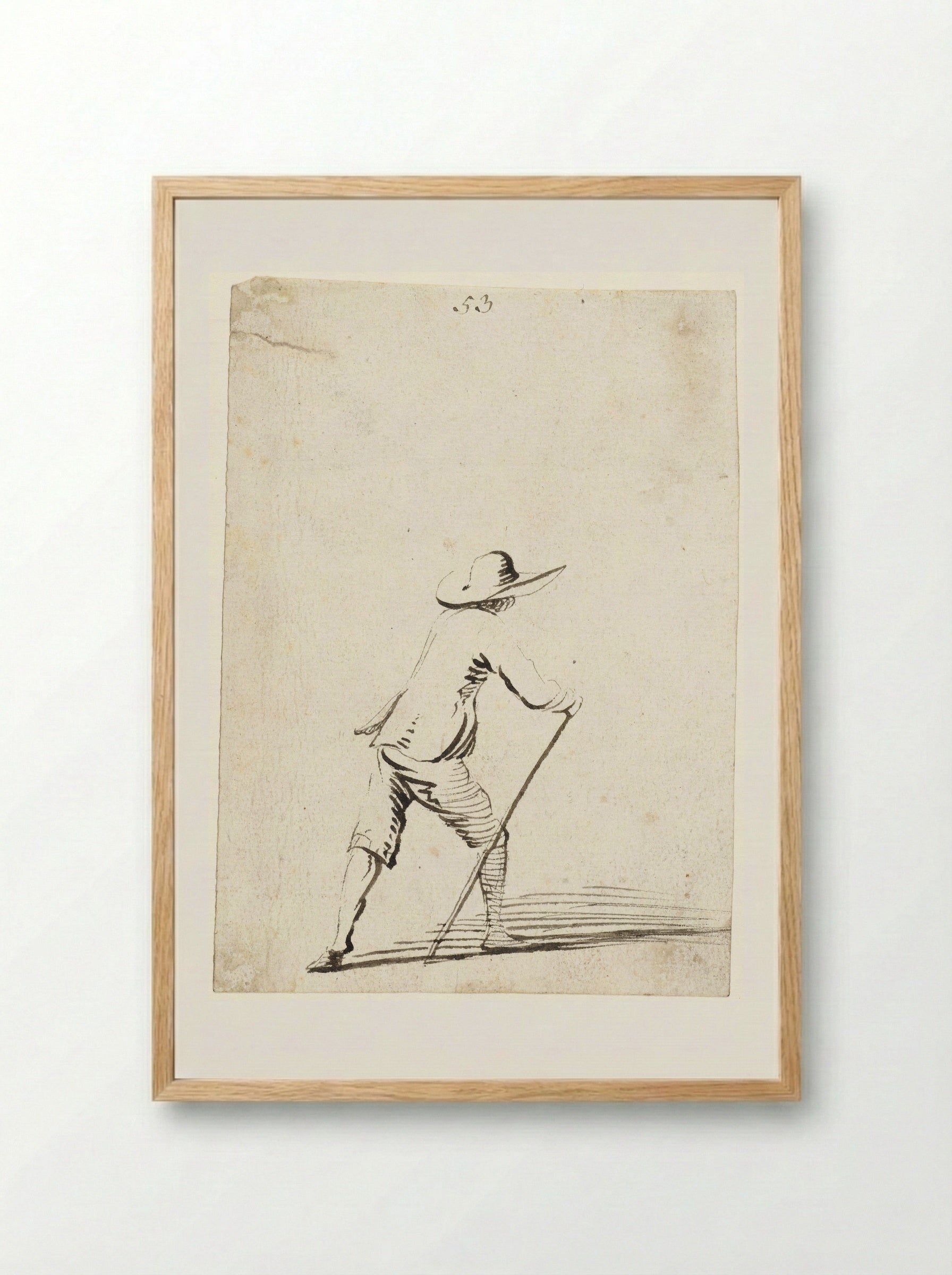 Man leunend op een stok terwijl hij naar rechts loopt, van achteren - Harmen ter Borch - Framed Print Wood