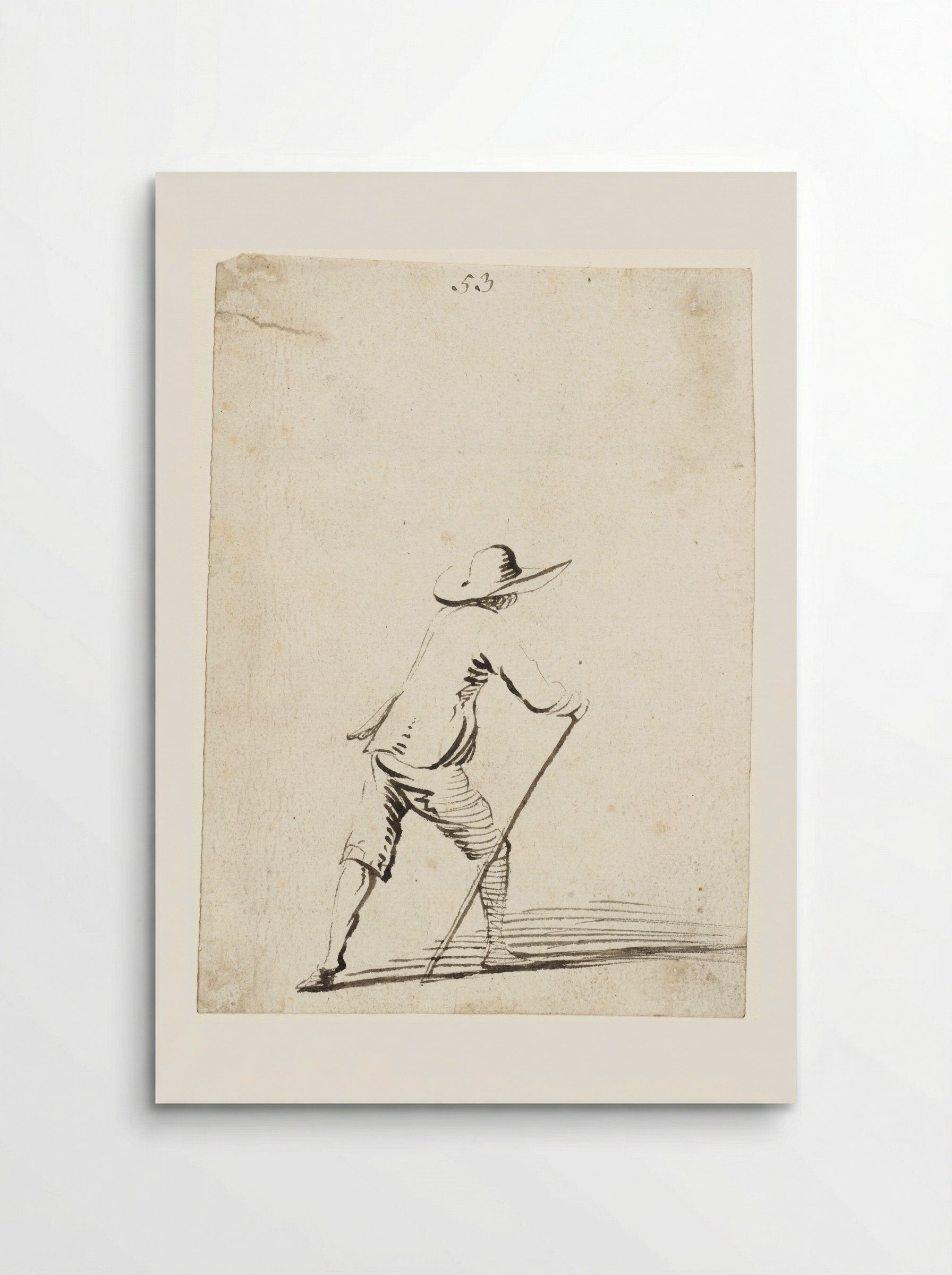Man leunend op een stok terwijl hij naar rechts loopt, van achteren - Harmen ter Borch - Poster