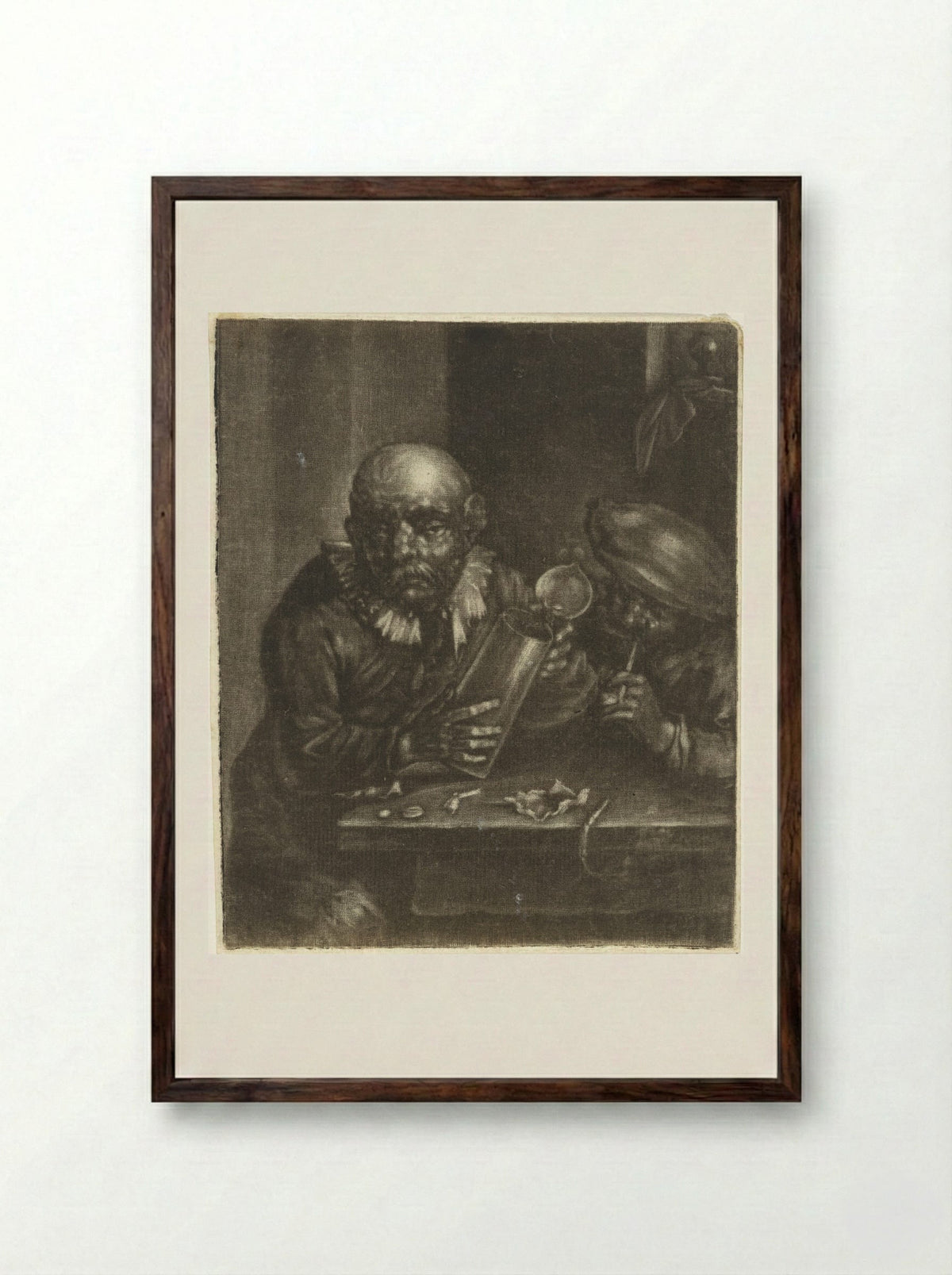 Man met een bierkan en een roker - Marcellus Laroon - Framed Print Dark Wood