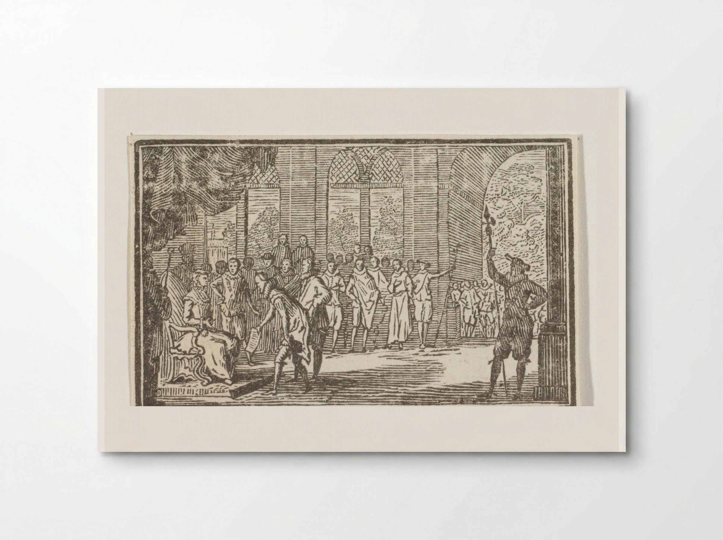 Man met een kraag biedt een vrouw op een troon een document aan - Cornelis van Noorde - Poster