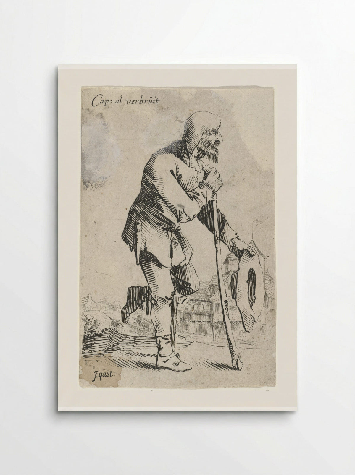 Man met hoed in de hand, leunend op een kniekruk en stok - Salomon Savery - Poster