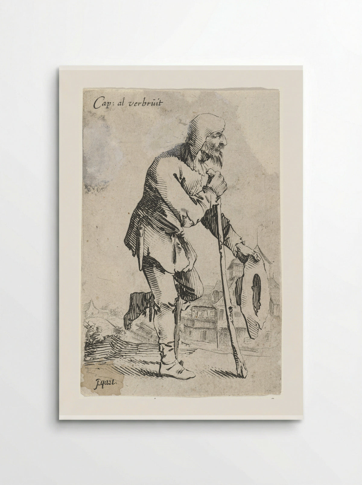 Man met hoed in de hand, leunend op een kniekruk en stok - Salomon Savery - Poster