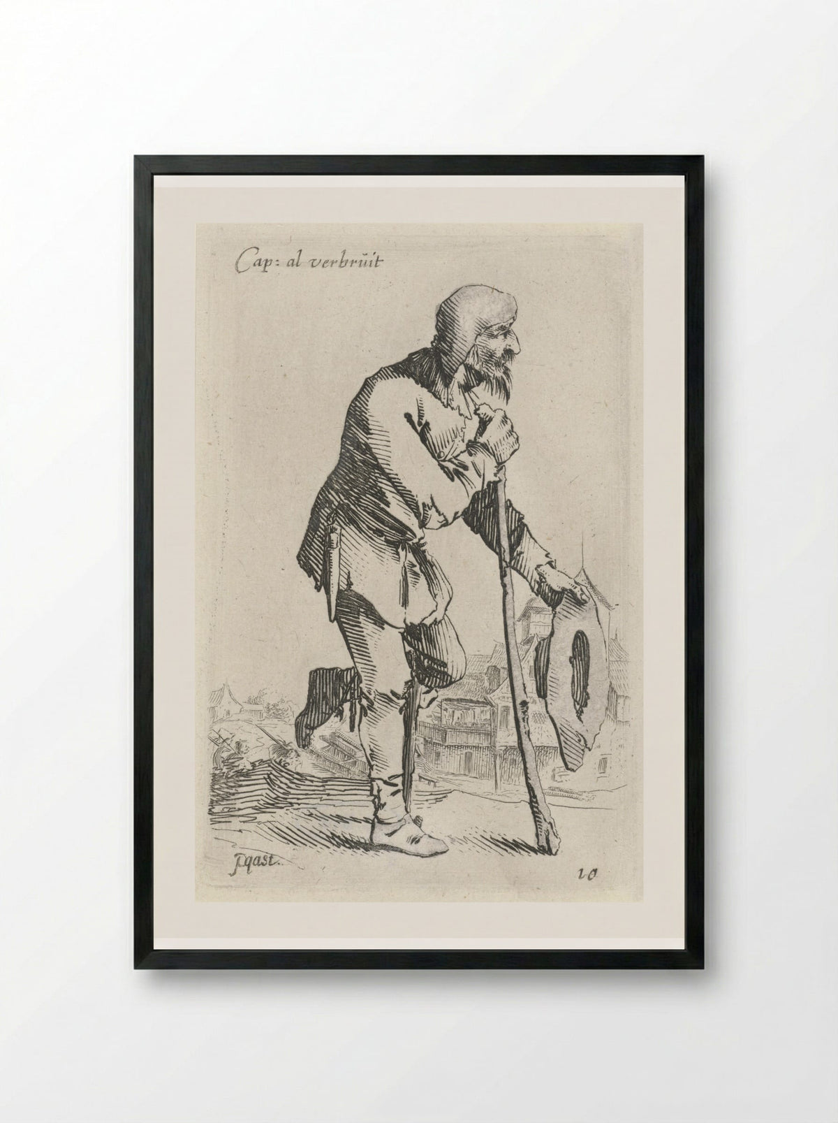 Man met hoed in de hand, leunend op krukken - Salomon Savery - Framed Print Black