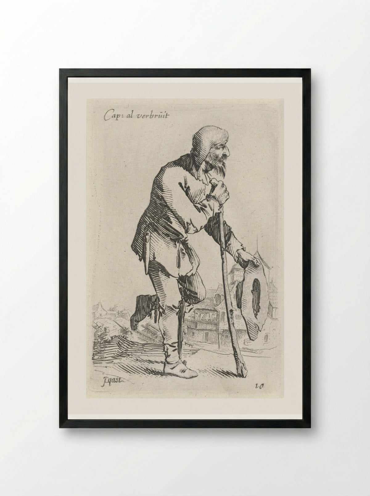Man met hoed in de hand, leunend op krukken - Salomon Savery - Framed Print Black