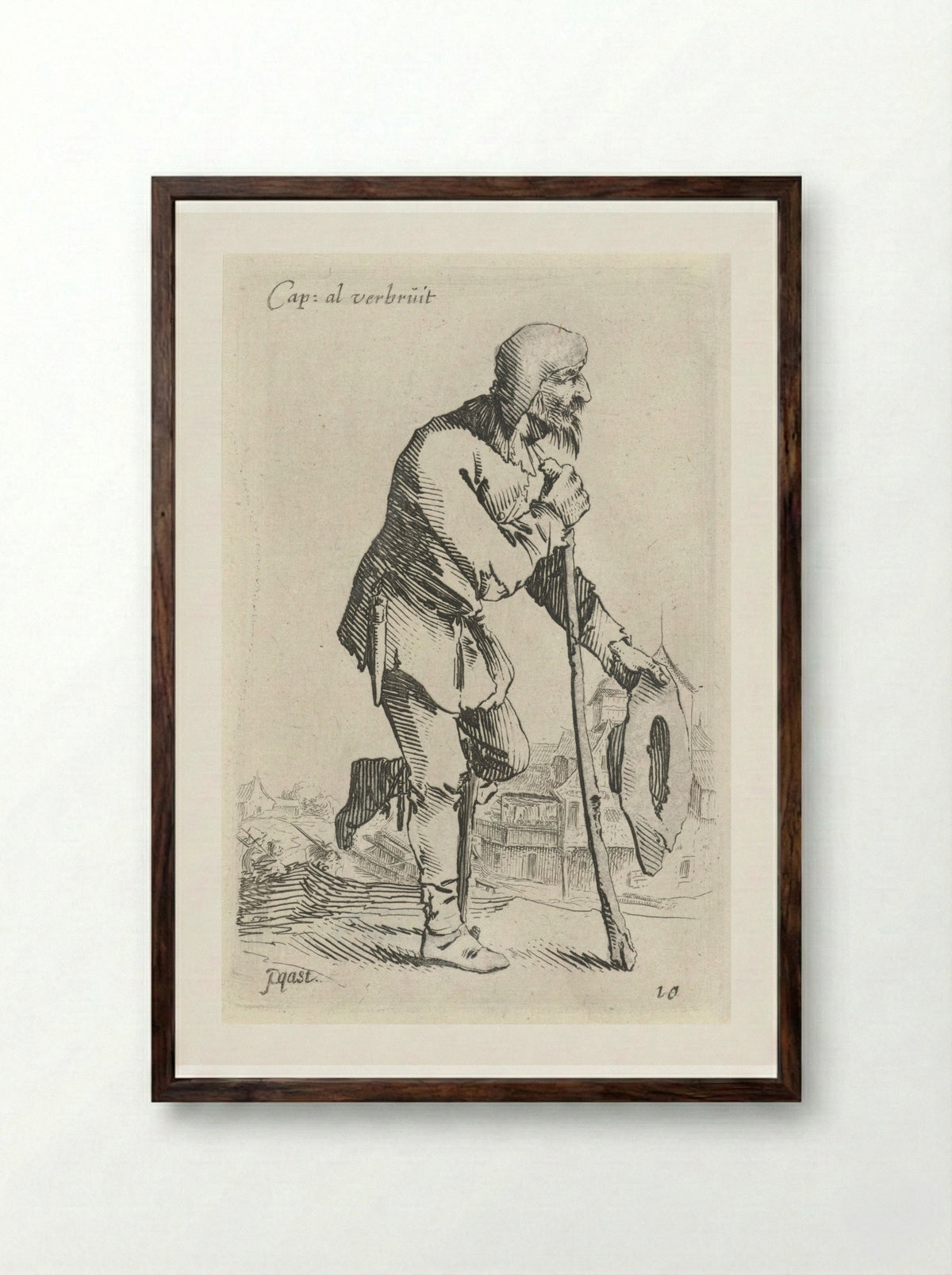 Man met hoed in de hand, leunend op krukken - Salomon Savery - Framed Print Dark Wood