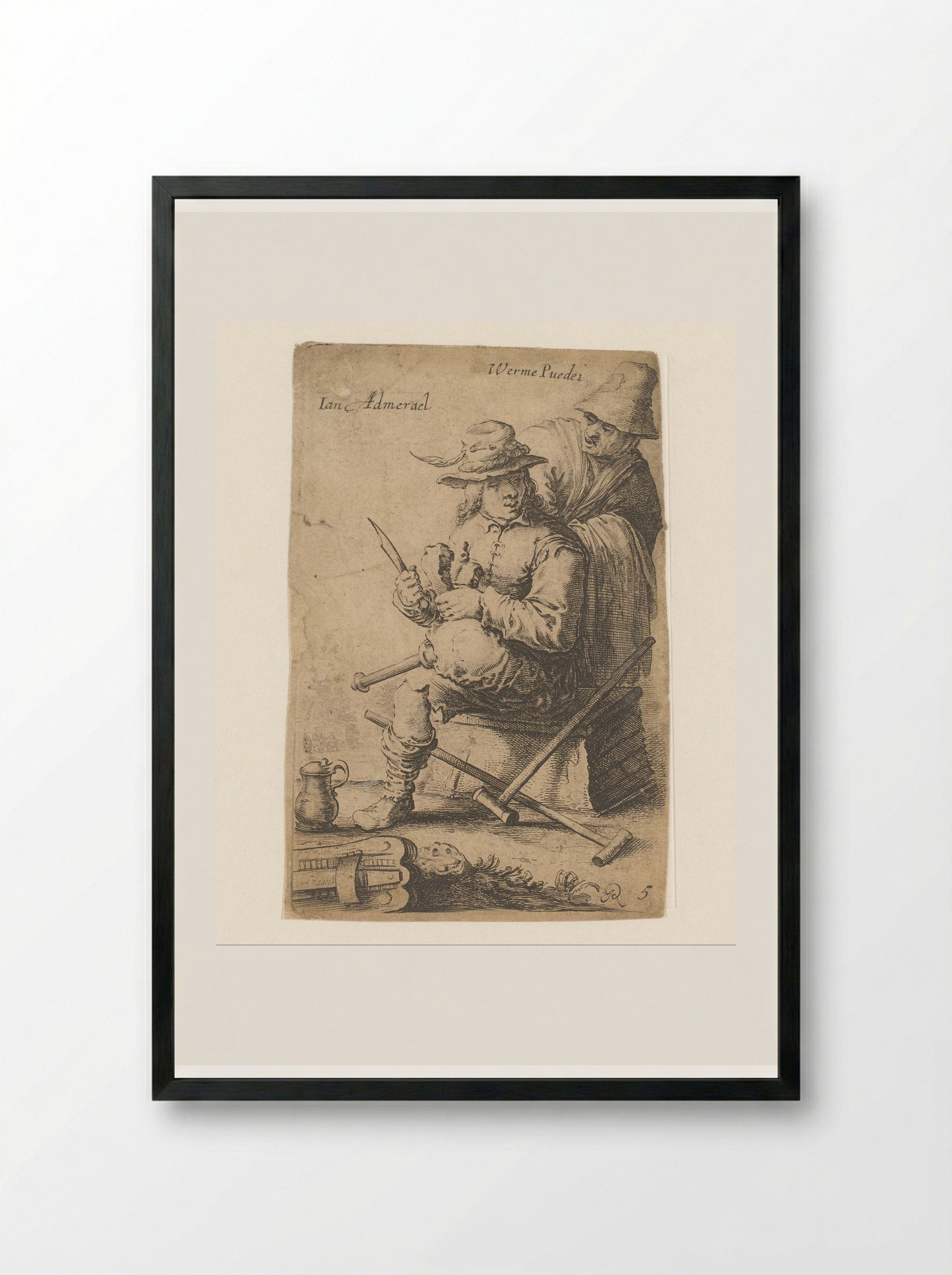 Man met houten been en een oude vrouw - Salomon Savery - Framed Print Black