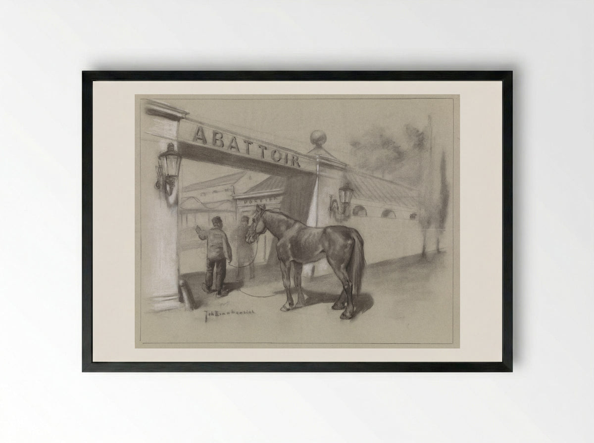 Man met paard voor de ingang van het abattoir - Johan Braakensiek - Framed Print Black