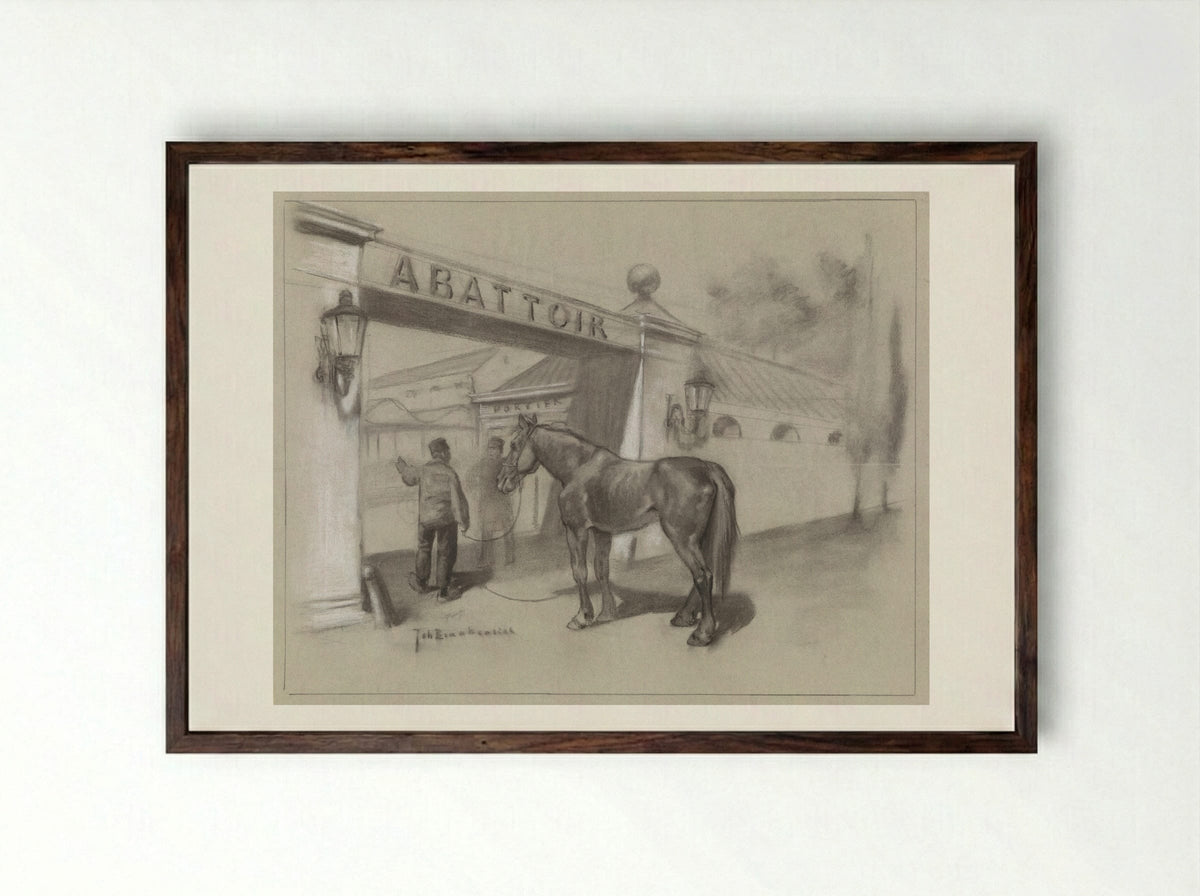 Man met paard voor de ingang van het abattoir - Johan Braakensiek - Framed Print Dark Wood