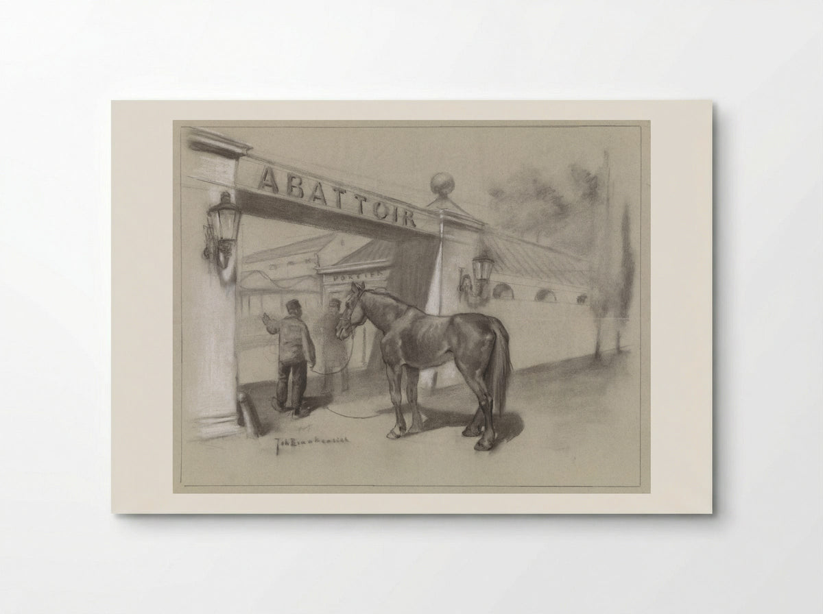 Man met paard voor de ingang van het abattoir - Johan Braakensiek - Poster
