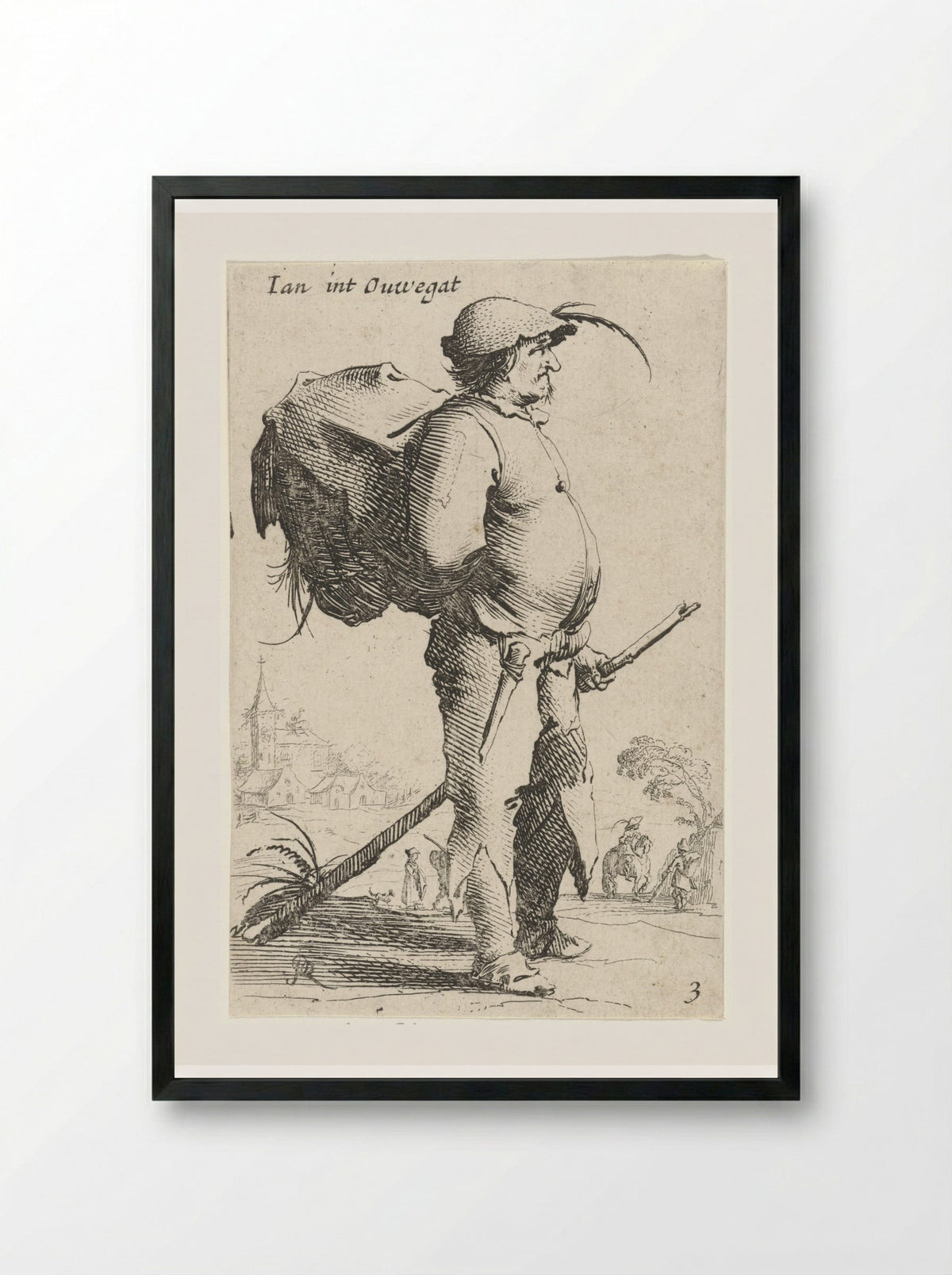 Man met rugzak en stok, gezien en profil - Salomon Savery - Framed Print Black