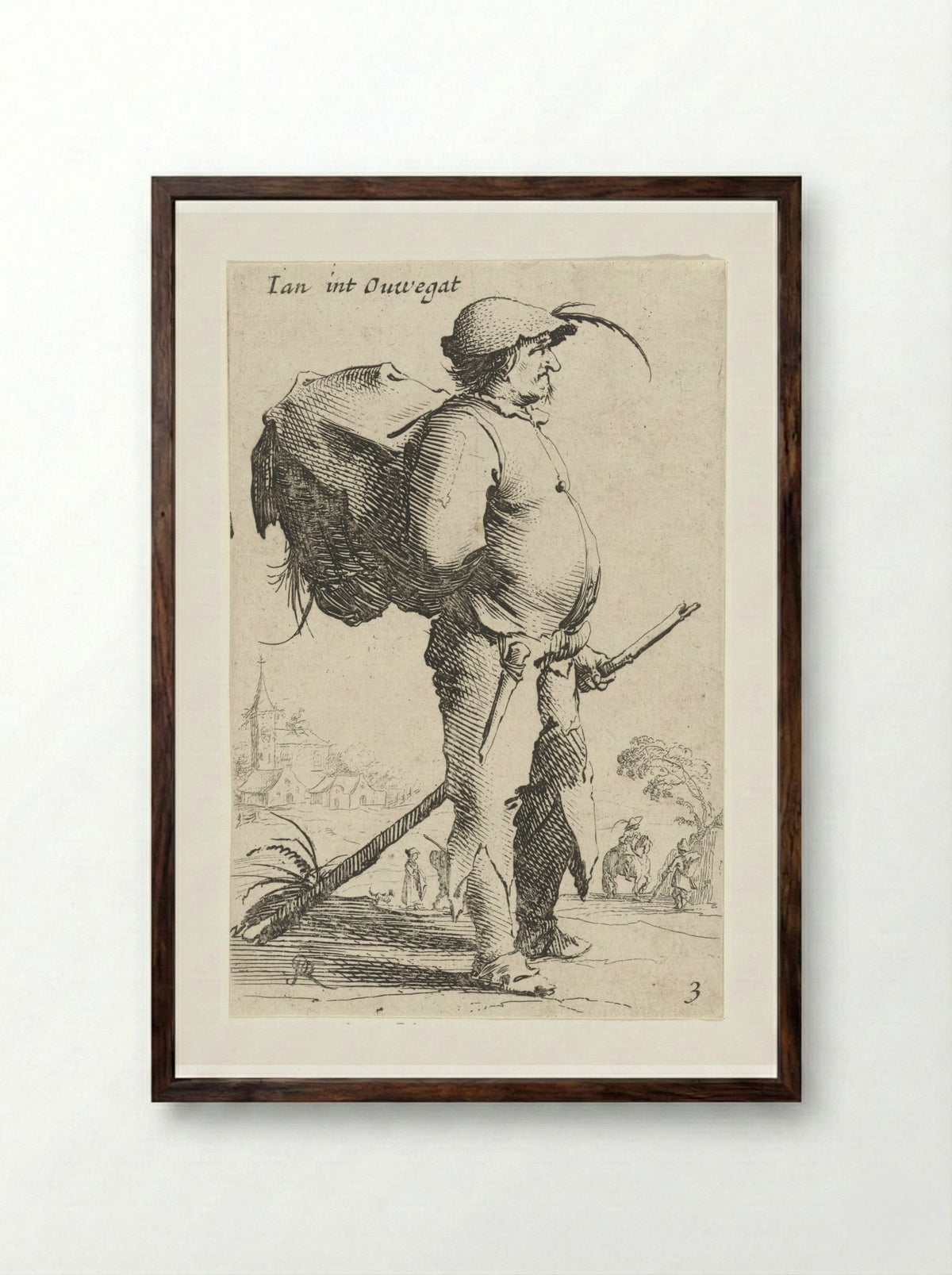 Man met rugzak en stok, gezien en profil - Salomon Savery - Framed Print Dark Wood