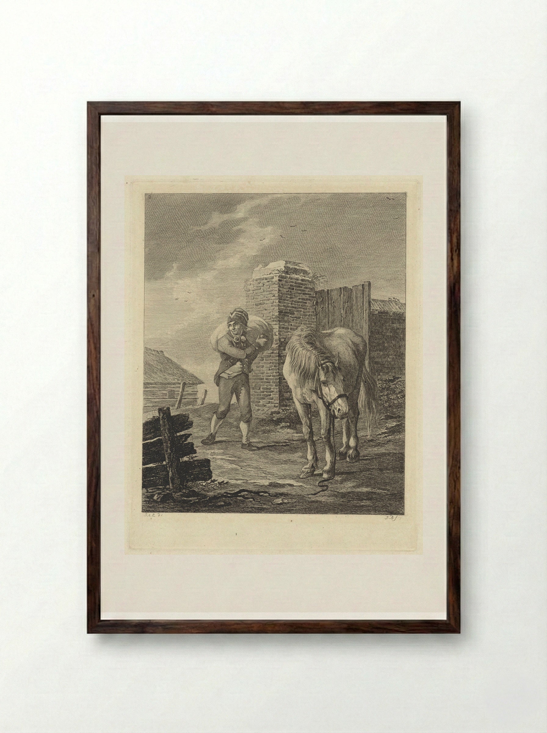 Man met zak op schouder bij ongezadeld paard - Joannes Bemme - Framed Print Dark Wood