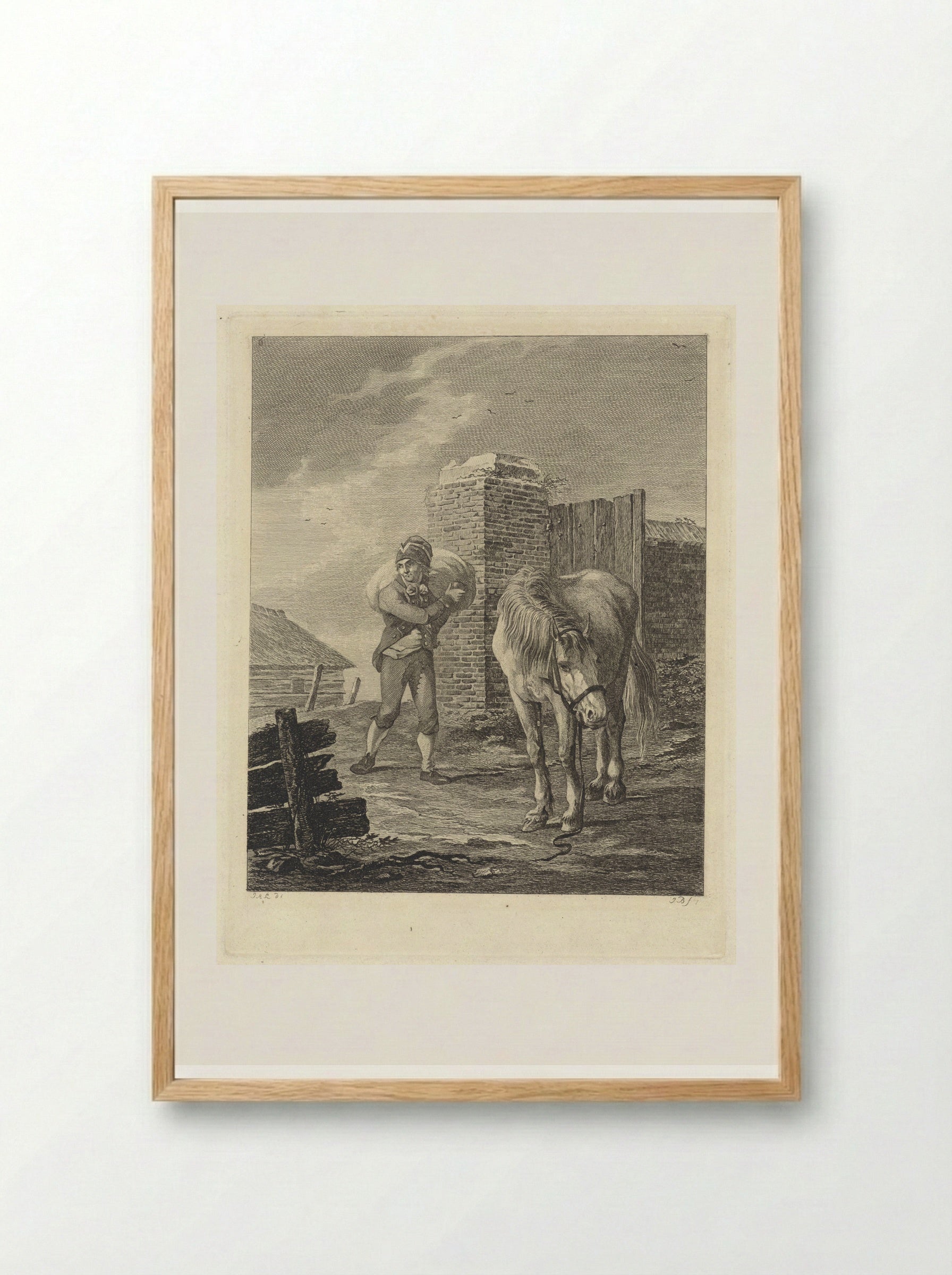 Man met zak op schouder bij ongezadeld paard - Joannes Bemme - Framed Print Wood