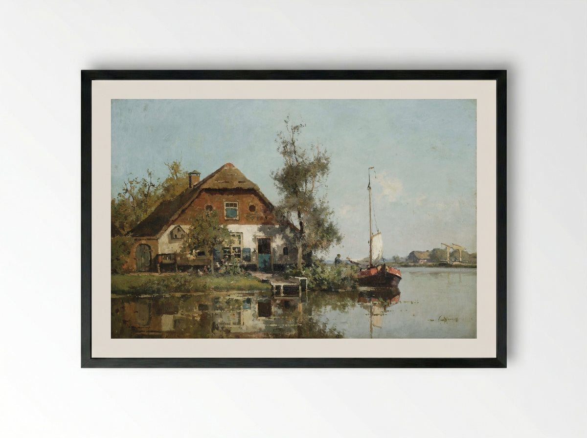 Man op een aangemeerde zeilboot op een meer - Cornelis Vreedenburgh - Framed Print Black