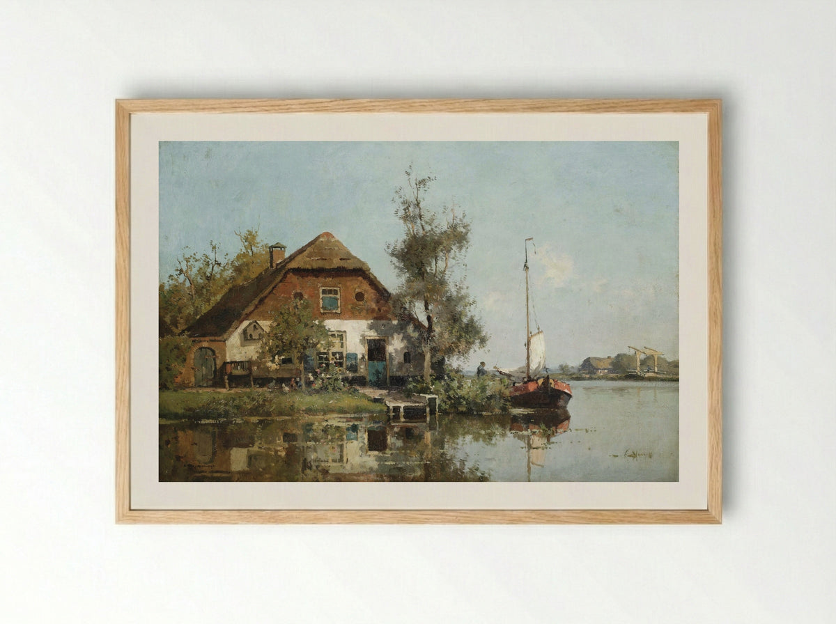 Man op een aangemeerde zeilboot op een meer - Cornelis Vreedenburgh - Framed Print Wood