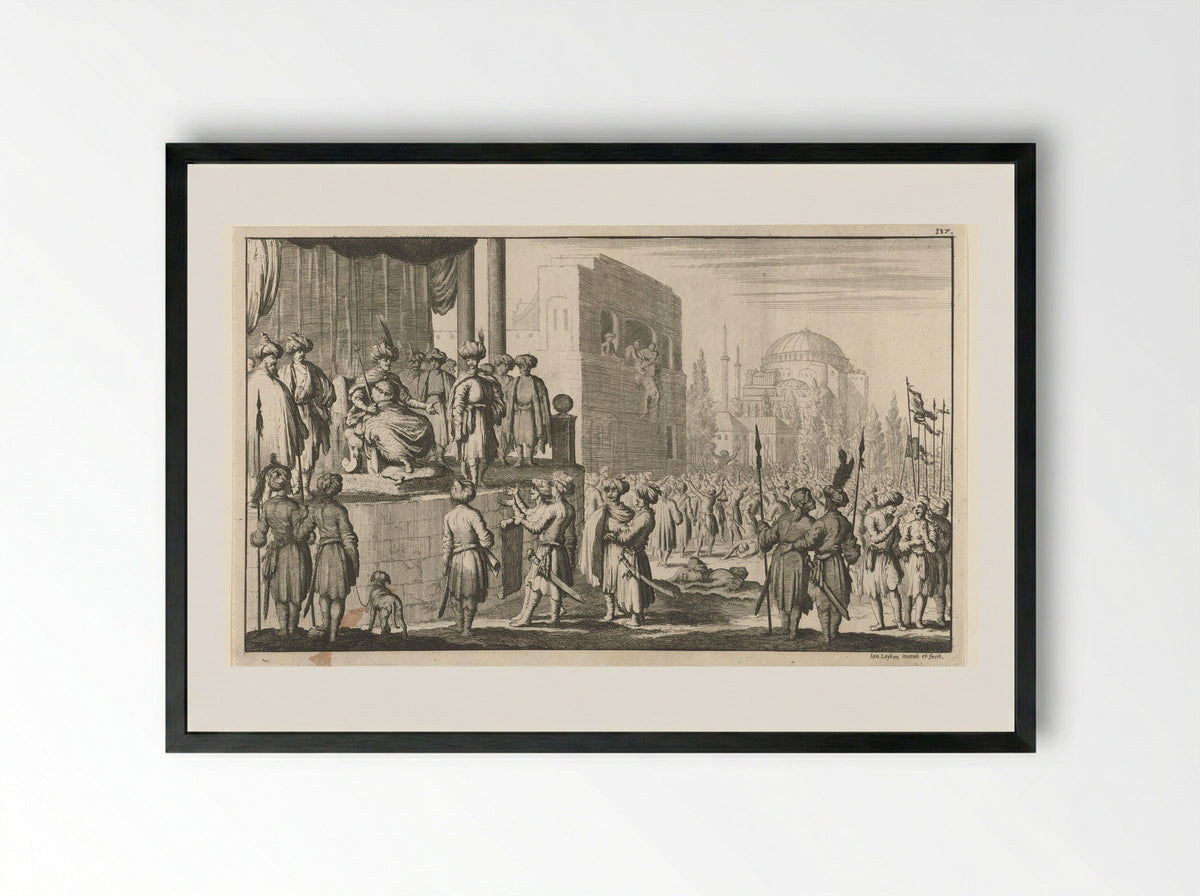 Man op troon onderhandelt met de aanvoerders van de oproerige Janitzaren te Constantinopel - Jan Luyken - Framed Print Black