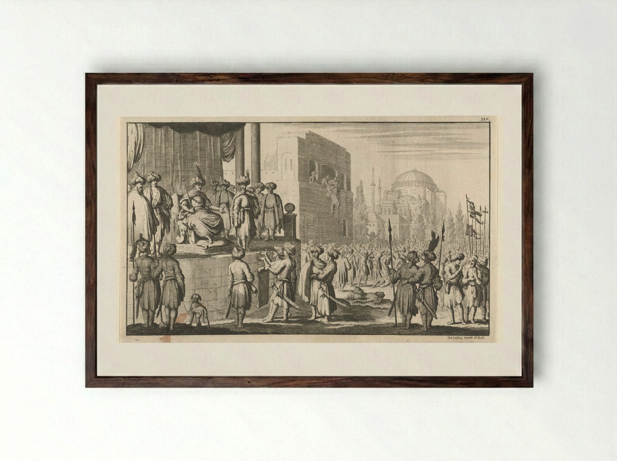 Man op troon onderhandelt met de aanvoerders van de oproerige Janitzaren te Constantinopel - Jan Luyken - Framed Print Dark Wood