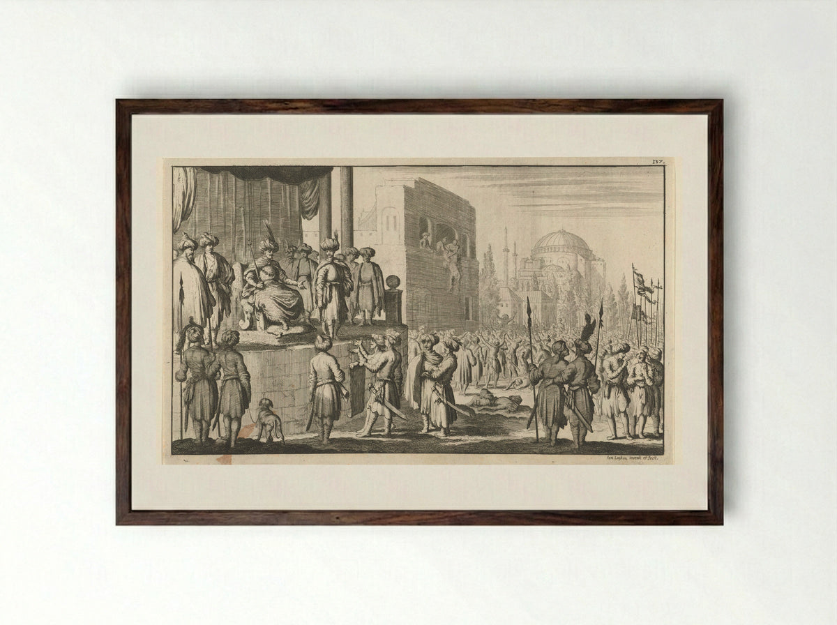 Man op troon onderhandelt met de aanvoerders van de oproerige Janitzaren te Constantinopel - Jan Luyken - Framed Print Dark Wood