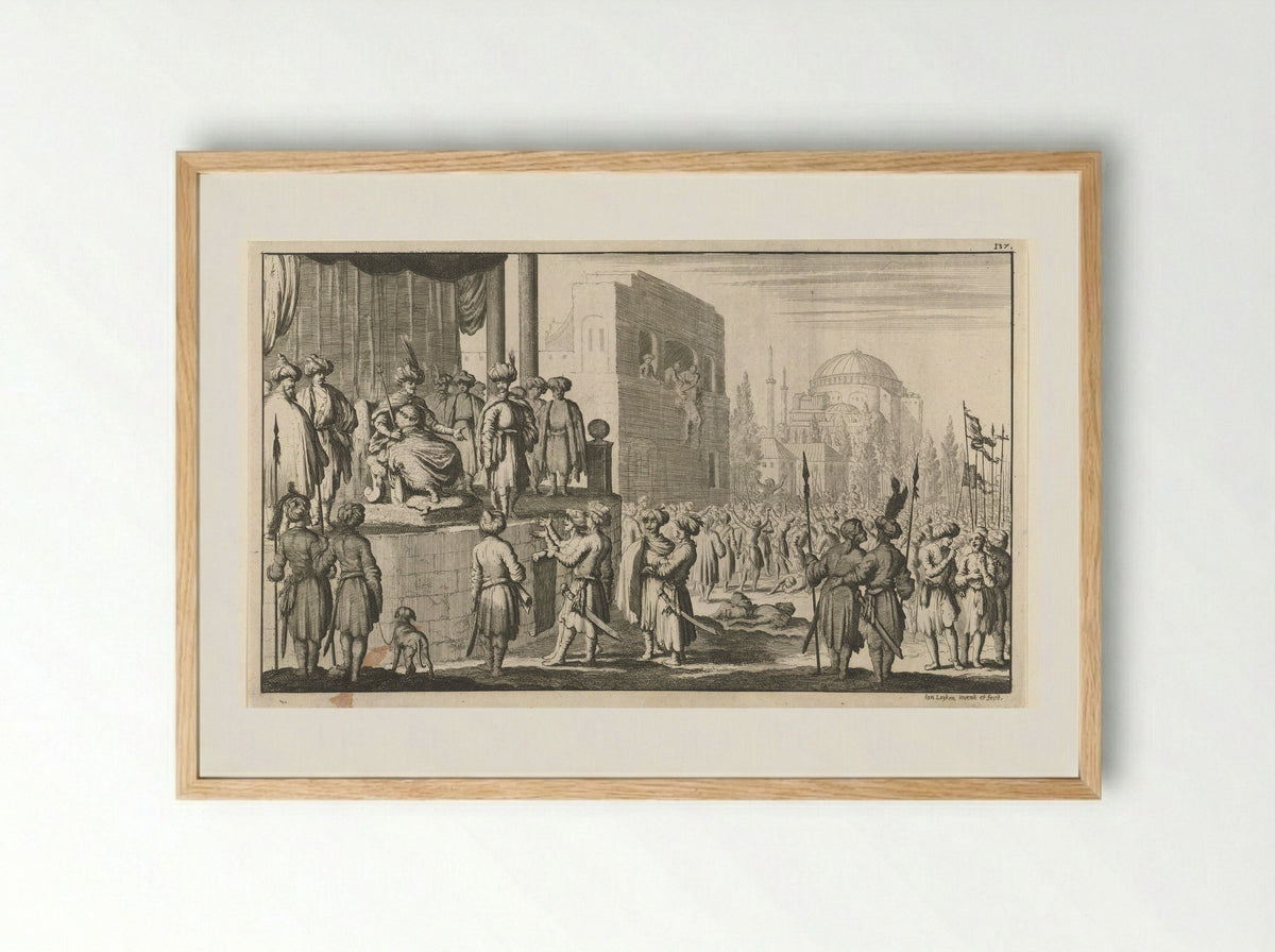 Man op troon onderhandelt met de aanvoerders van de oproerige Janitzaren te Constantinopel - Jan Luyken - Framed Print Wood
