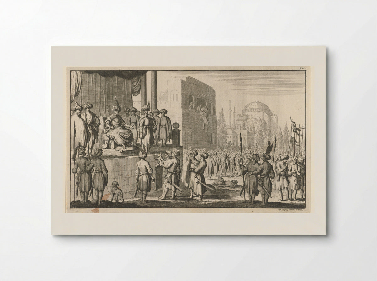 Man op troon onderhandelt met de aanvoerders van de oproerige Janitzaren te Constantinopel - Jan Luyken - Poster