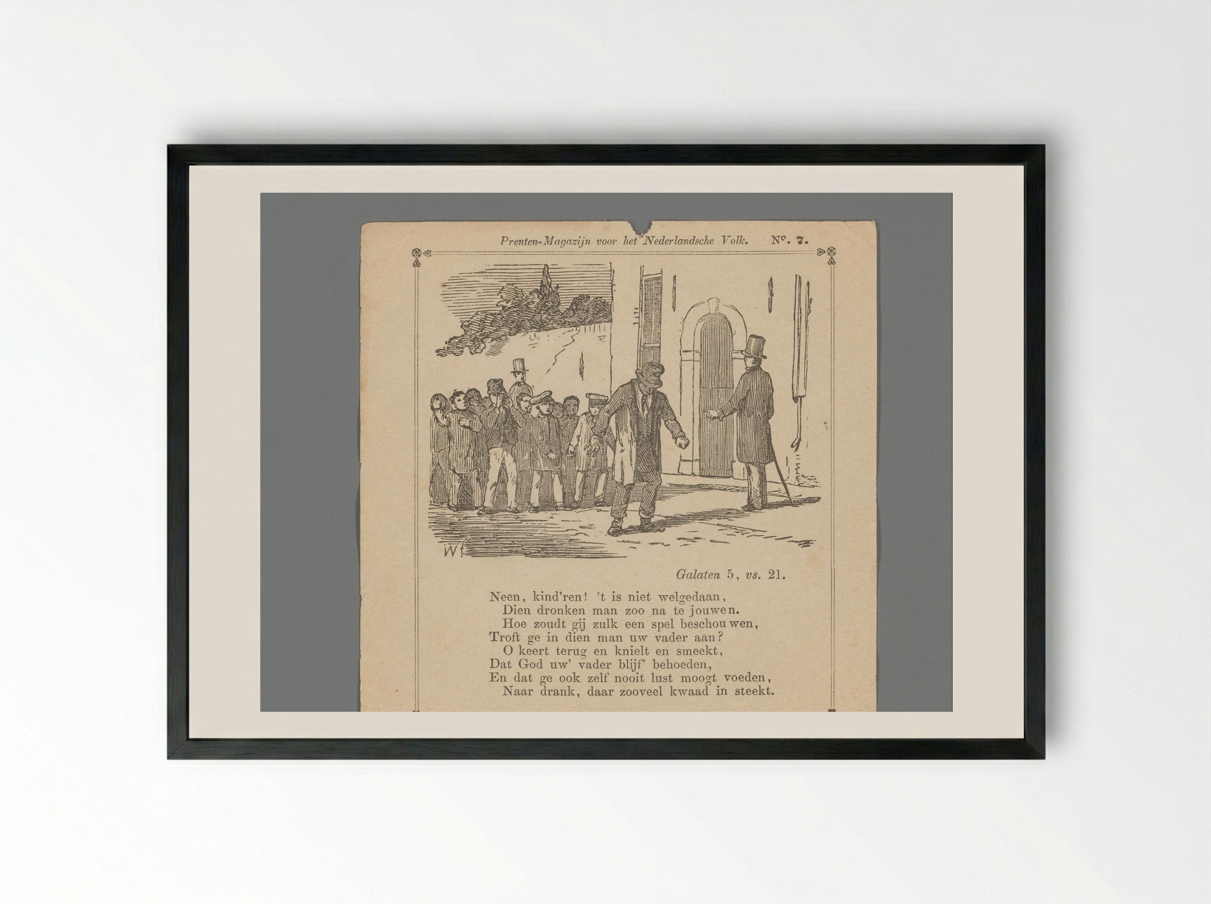 Man wijzend naar een dronkaard voor een groep kinderen op straat - Isaac Weissenbruch - Framed Print Black
