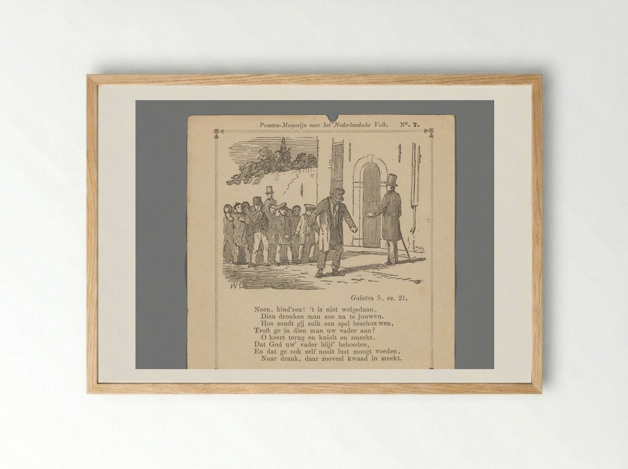Man wijzend naar een dronkaard voor een groep kinderen op straat - Isaac Weissenbruch - Framed Print Wood