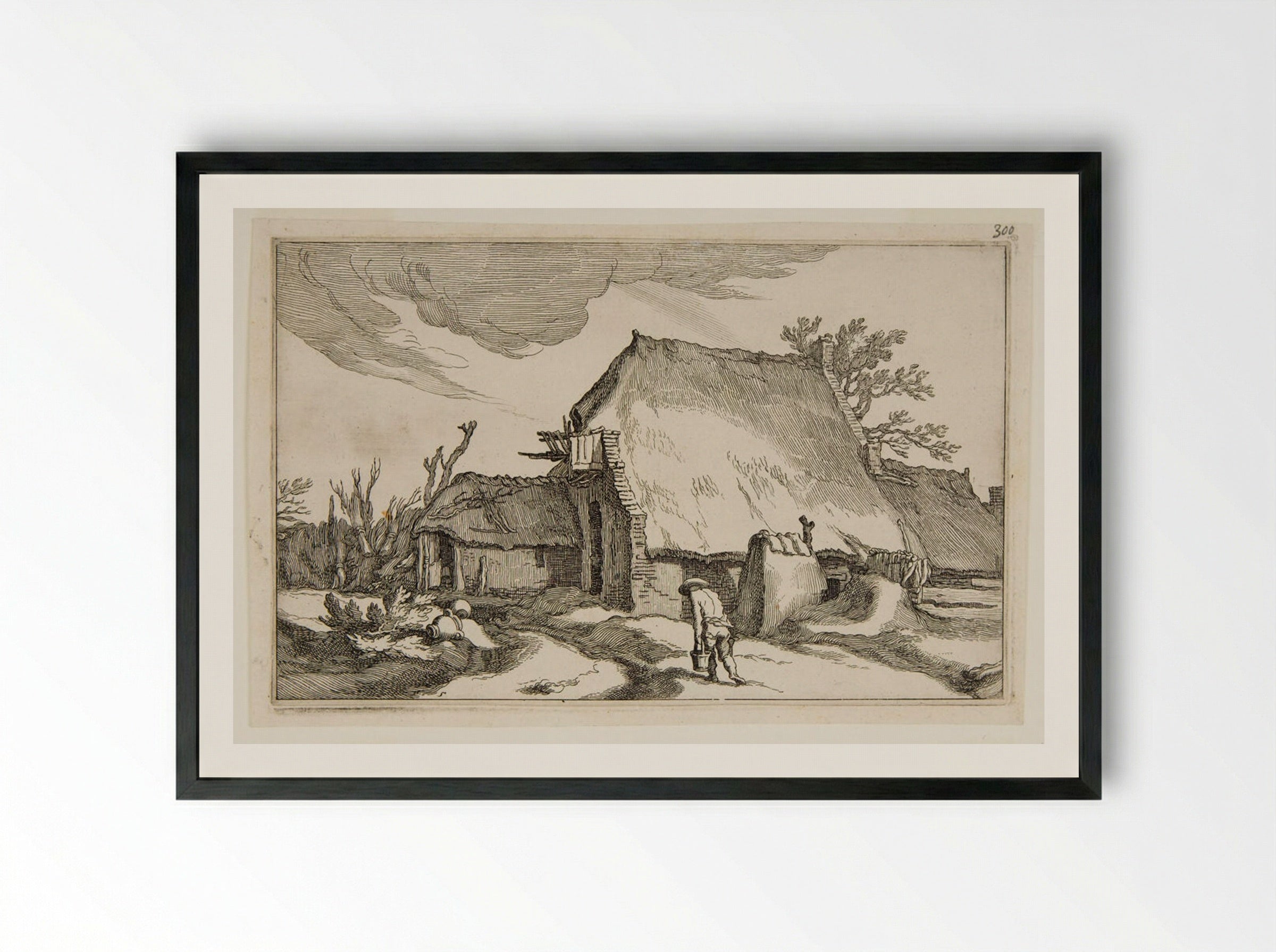 Man with Milk Pails Walking to a Cottage - Boetius Adamsz. Bolswert - Framed Print Black