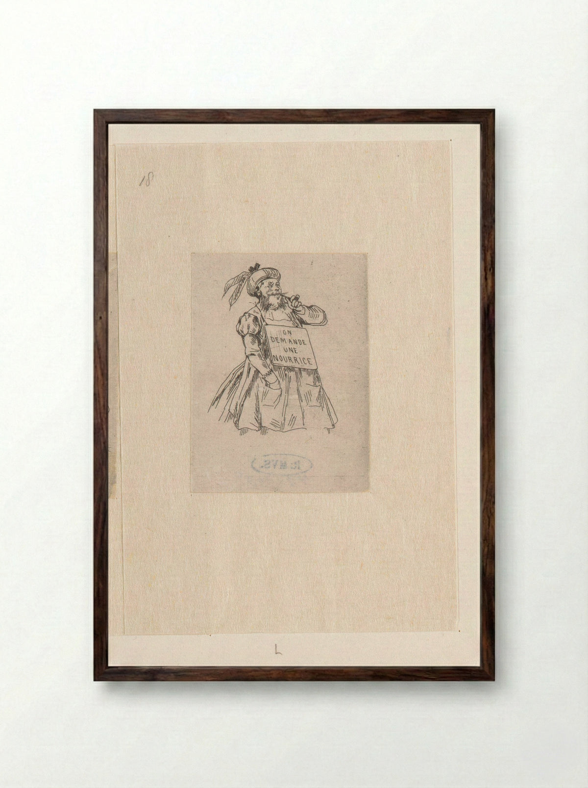 Man with Pipe and Sign Around His Neck - Félicien Rops - Framed Print Dark Wood
