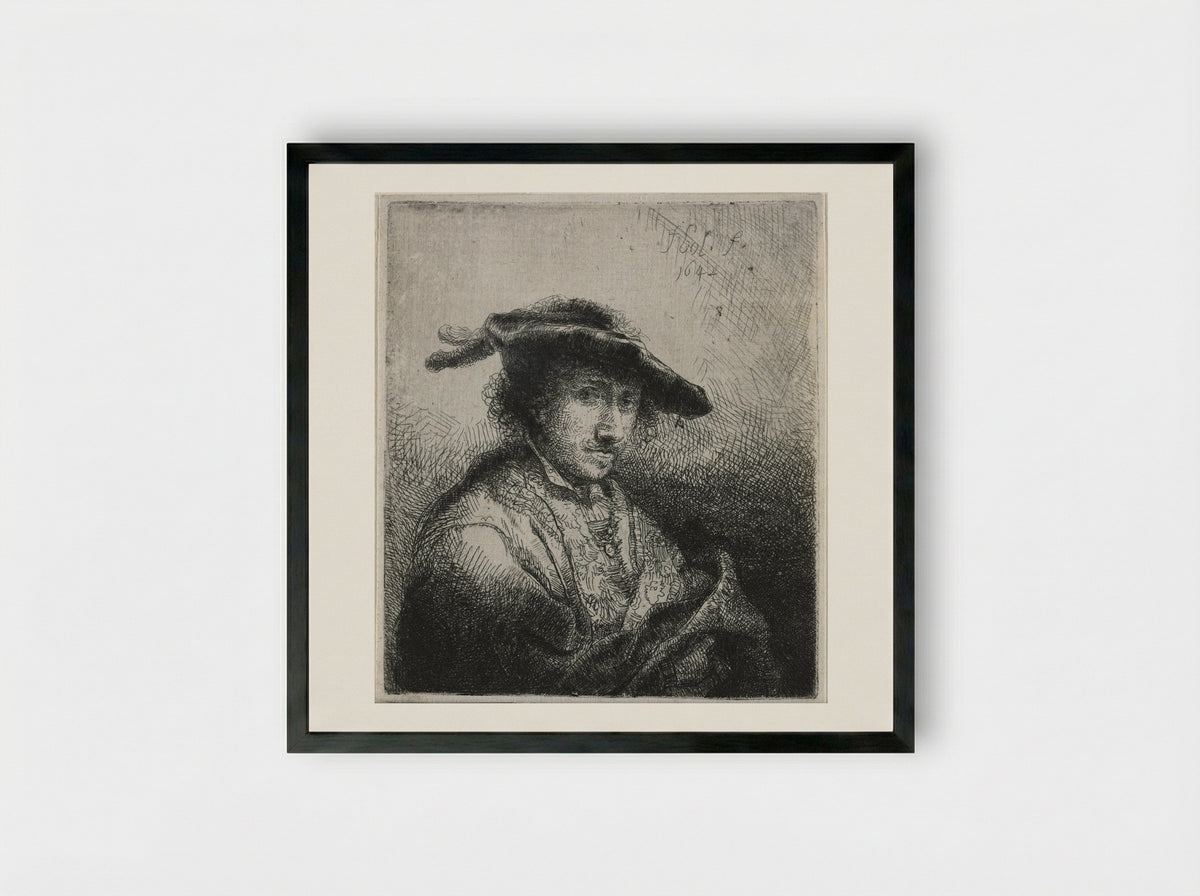 Man with Two Plumes in His Cap - Ferdinand Bol - Framed Print Black
