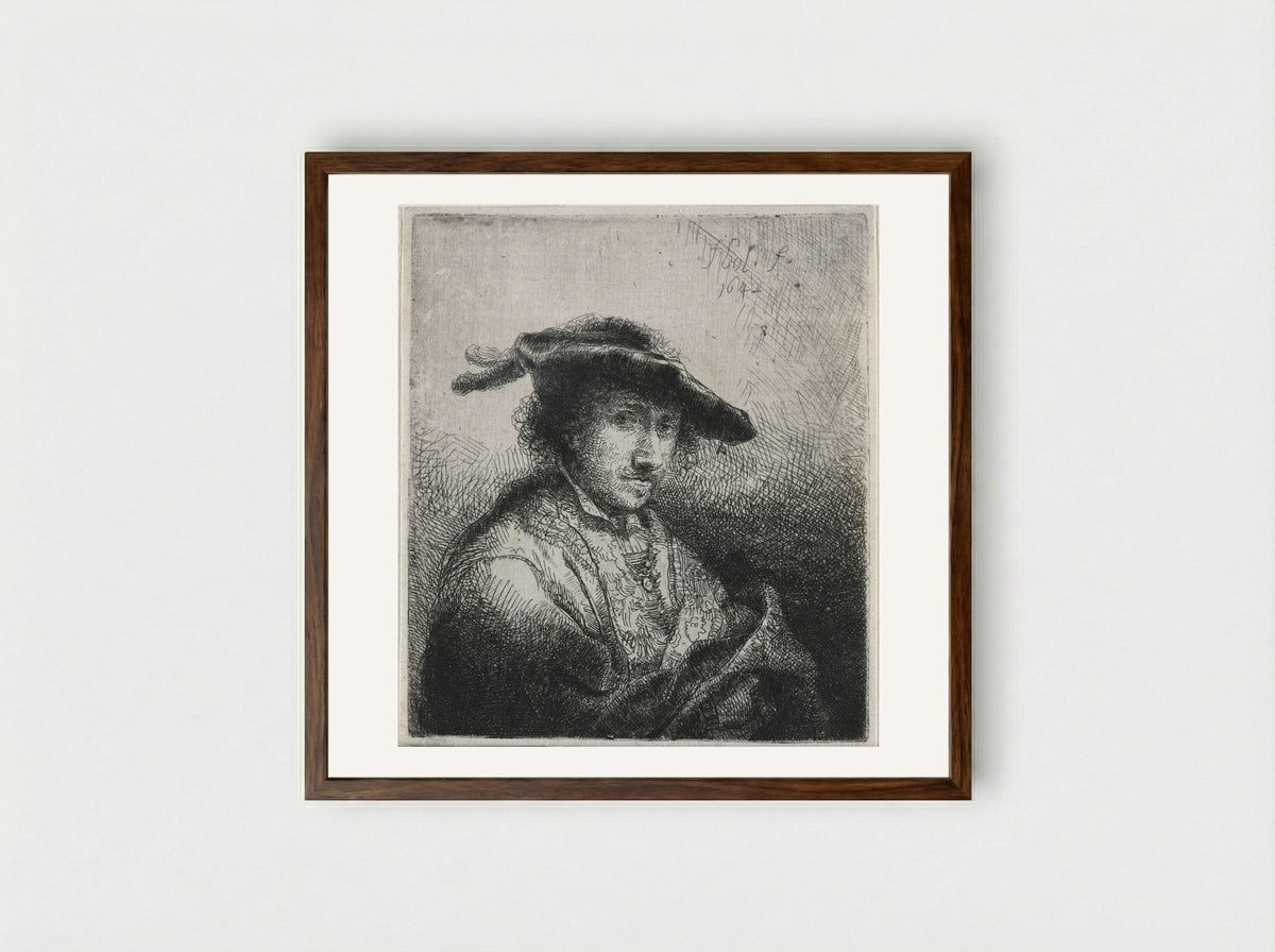 Man with Two Plumes in His Cap - Ferdinand Bol - Framed Print Dark Wood