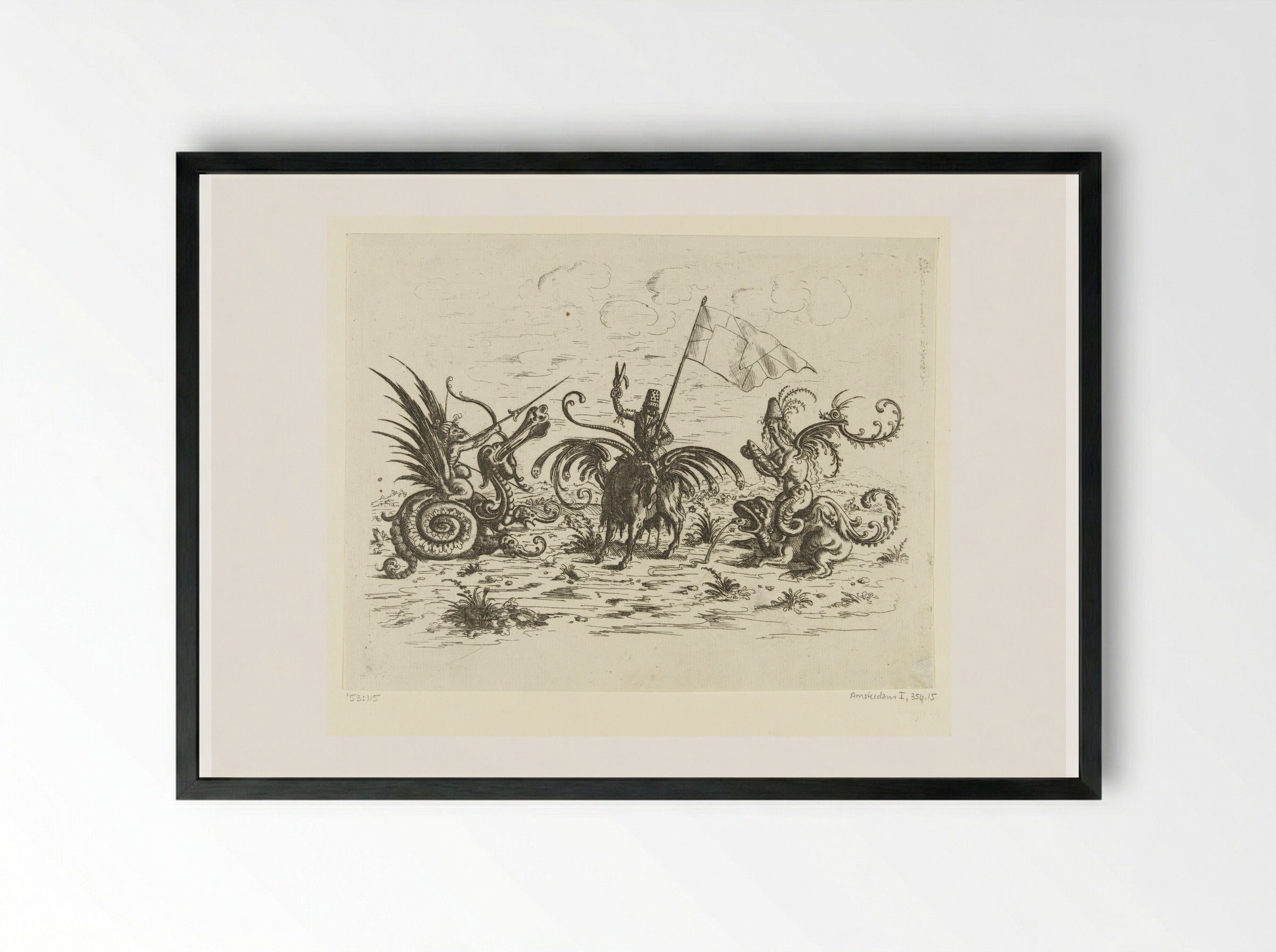 Man with a Banner on a Goat - Christoph Jamnitzer - Framed Print Black
