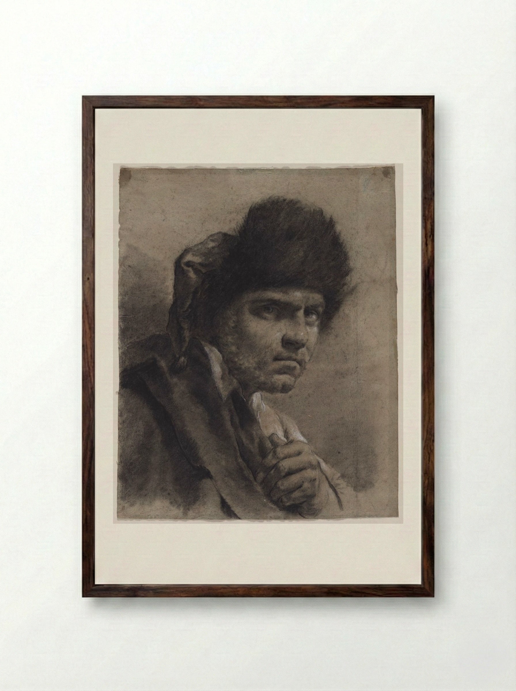 Man with a Fur Cap - Giovanni Battista Piazzetta - Framed Print Dark Wood