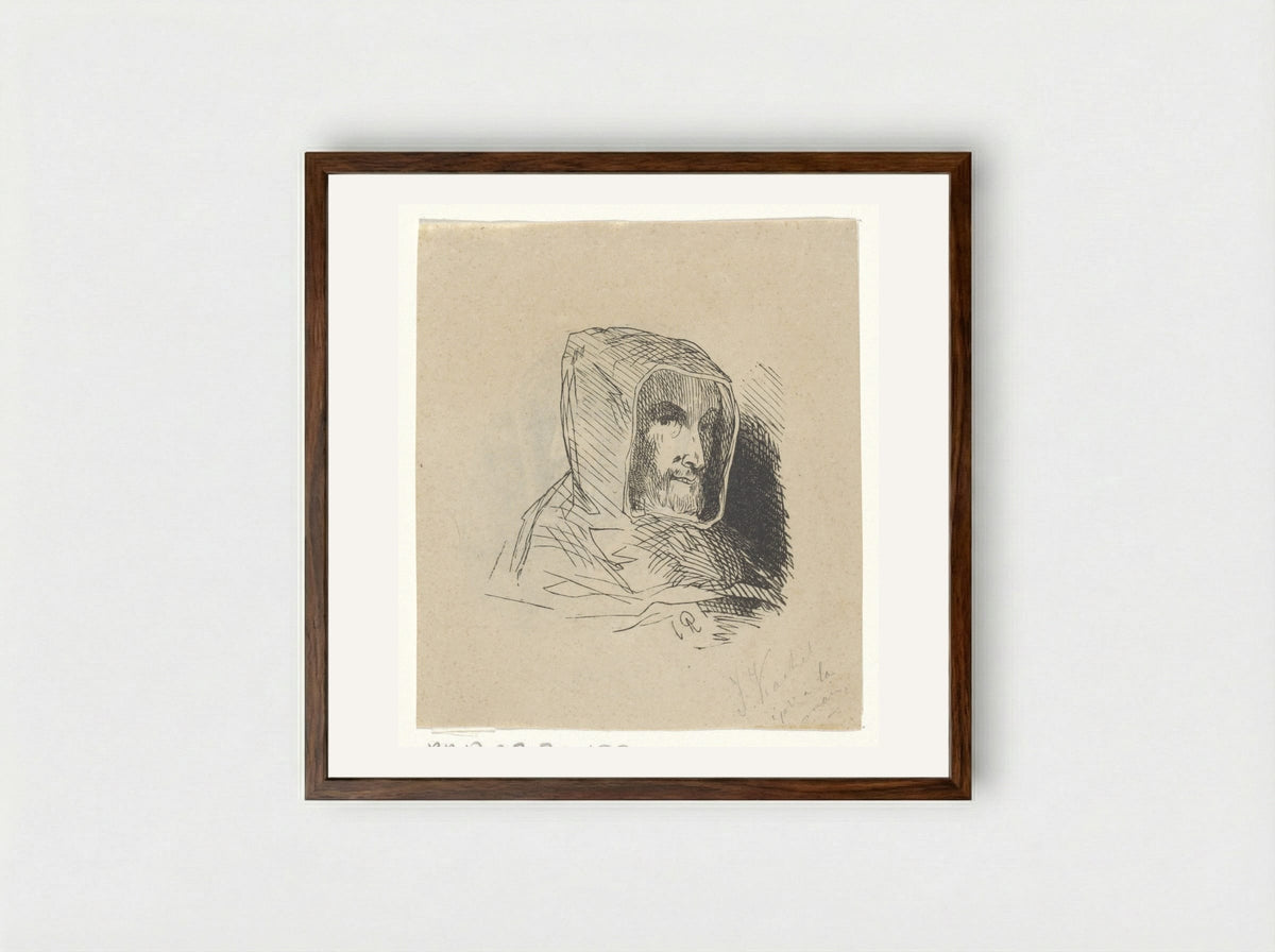 Man with a Hood and Beard - Johann Wilhelm Friedrich Kachel - Framed Print Dark Wood