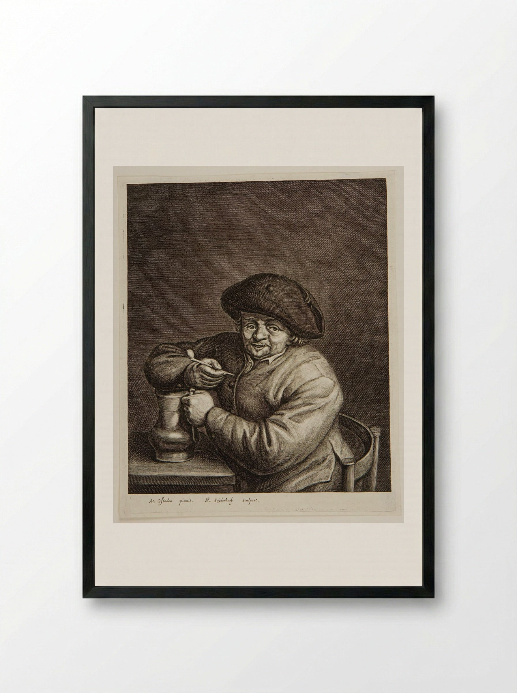 Man with a Jug and Pipe - Jonas Suyderhoef - Framed Print Black