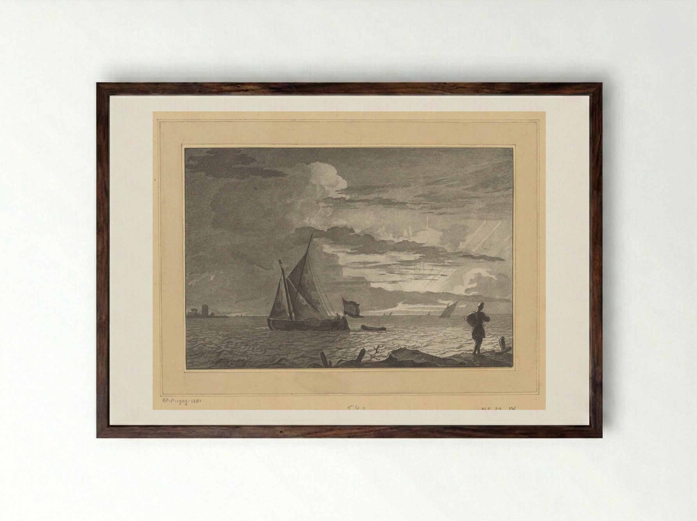 Man with a Sack on His Shoulder at Sunrise - Cornelis Brouwer - Framed Print Dark Wood