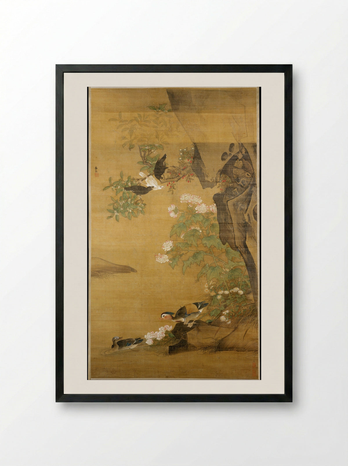 Mandarin Ducks and Cotton Rose Hibiscus - Lü Ji - Framed Print Black