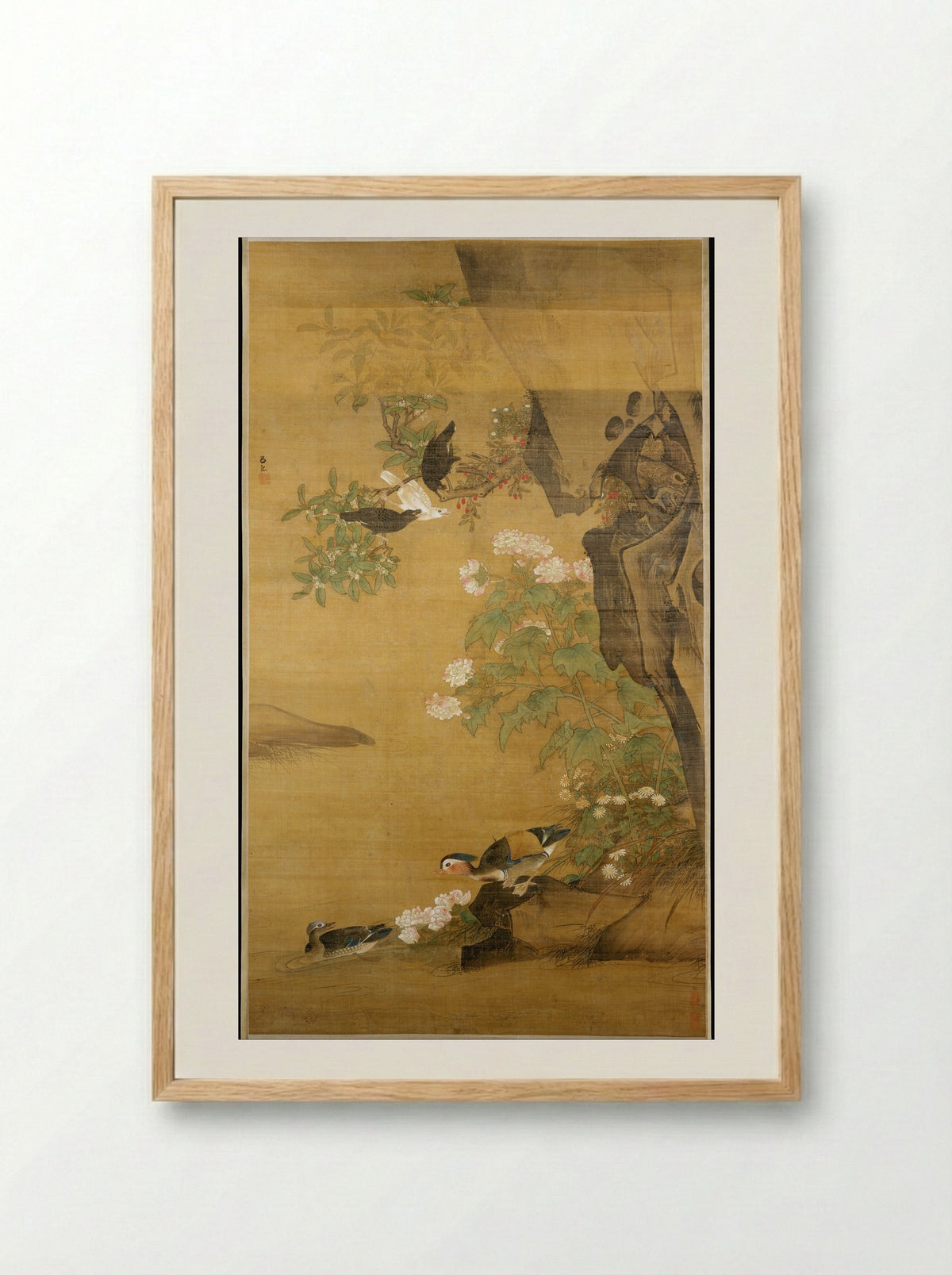 Mandarin Ducks and Cotton Rose Hibiscus - Lü Ji - Framed Print Wood