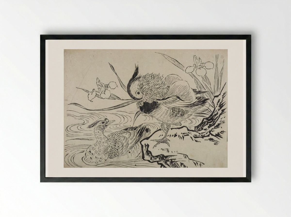 Mandarin Ducks and Iris - Okumura Masanobu - Framed Print Black