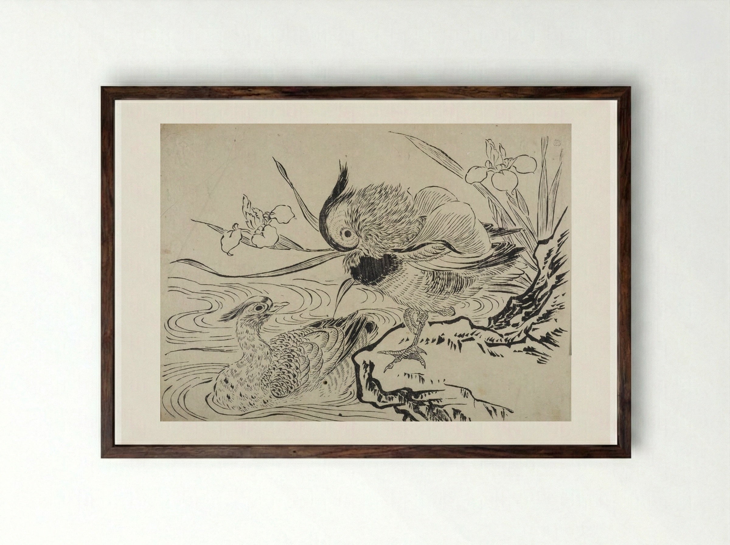 Mandarin Ducks and Iris - Okumura Masanobu - Framed Print Dark Wood