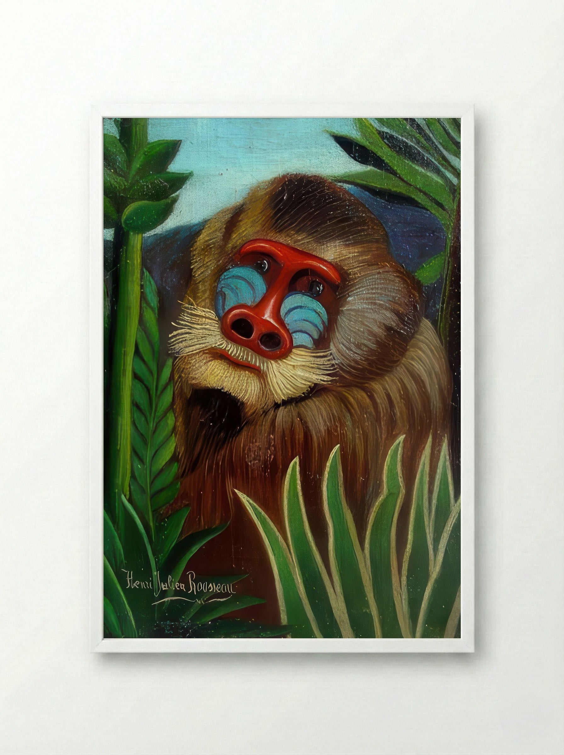 Mandrill in the Jungle by Henri Rousseau – Naïve Jungle Animal Art Print - Framed Print White