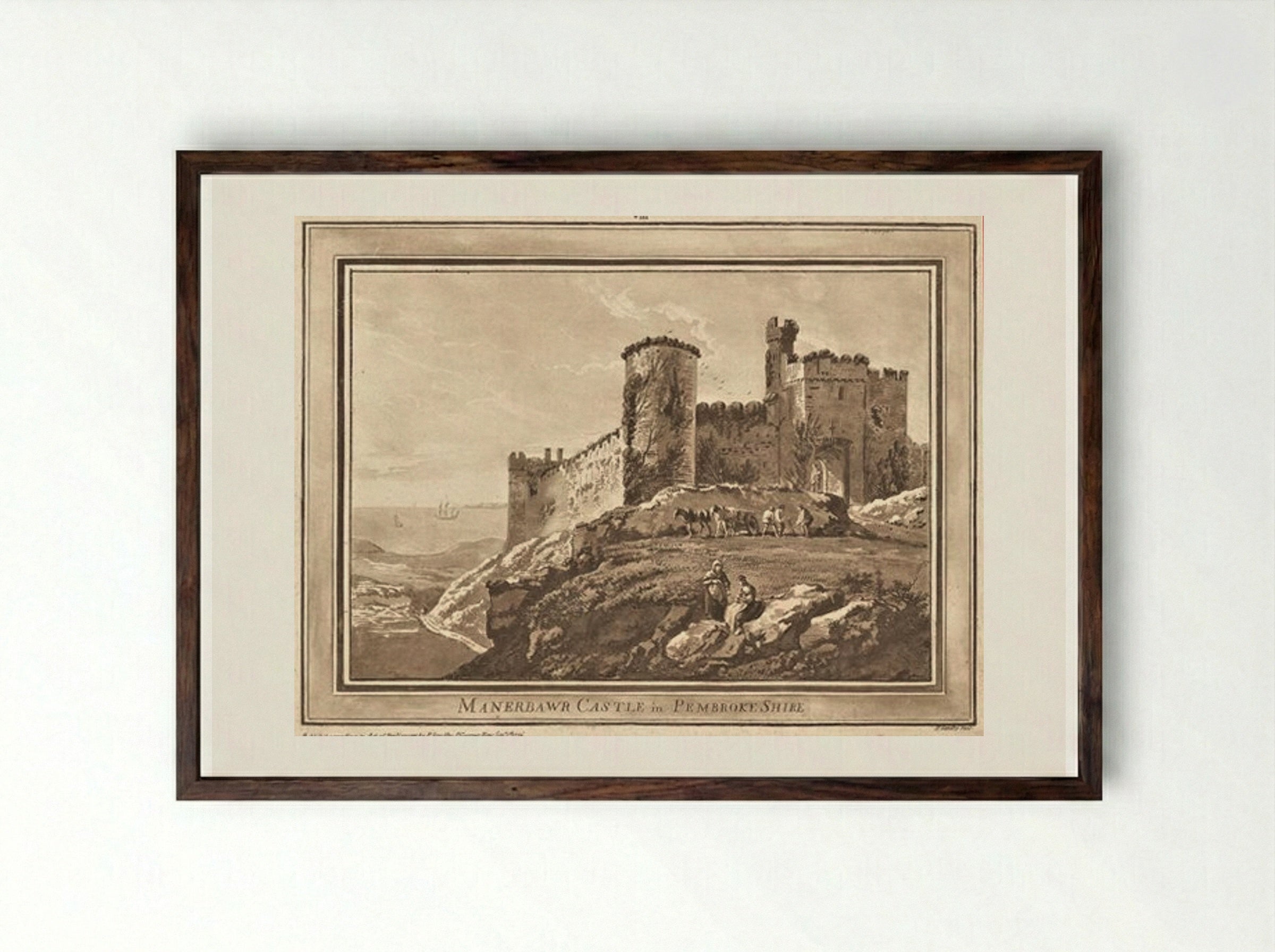 Manerbawr Castle in Pembrokeshire - Paul Sandby - Framed Print Dark Wood