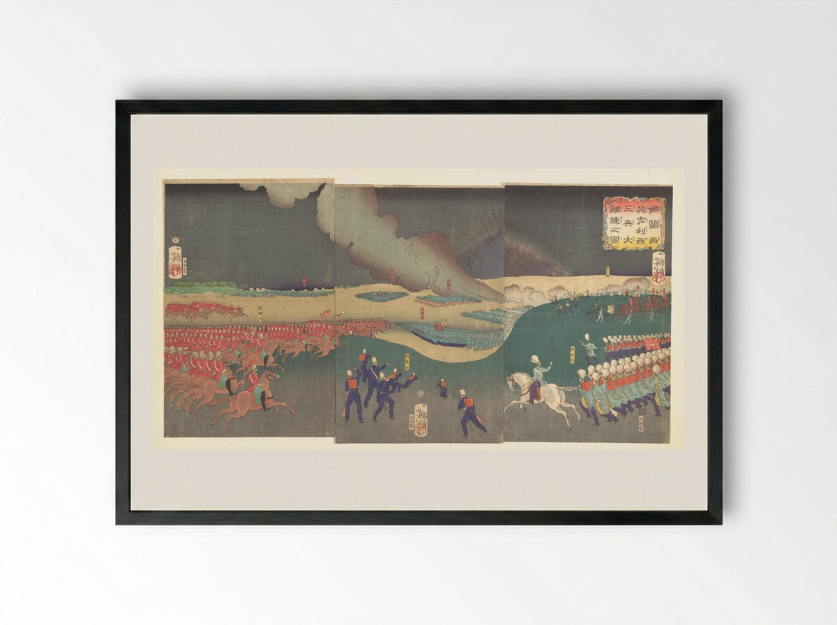 Maneuvers by Three Categories of French and English Soldiers - Tsukioka Yoshitoshi - Framed Print Black