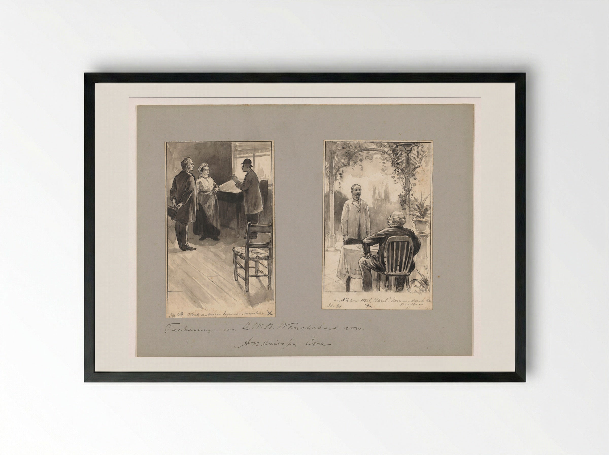 Mannen en vrouw bij een lessenaar en man op terras - Willem Wenckebach - Framed Print Black
