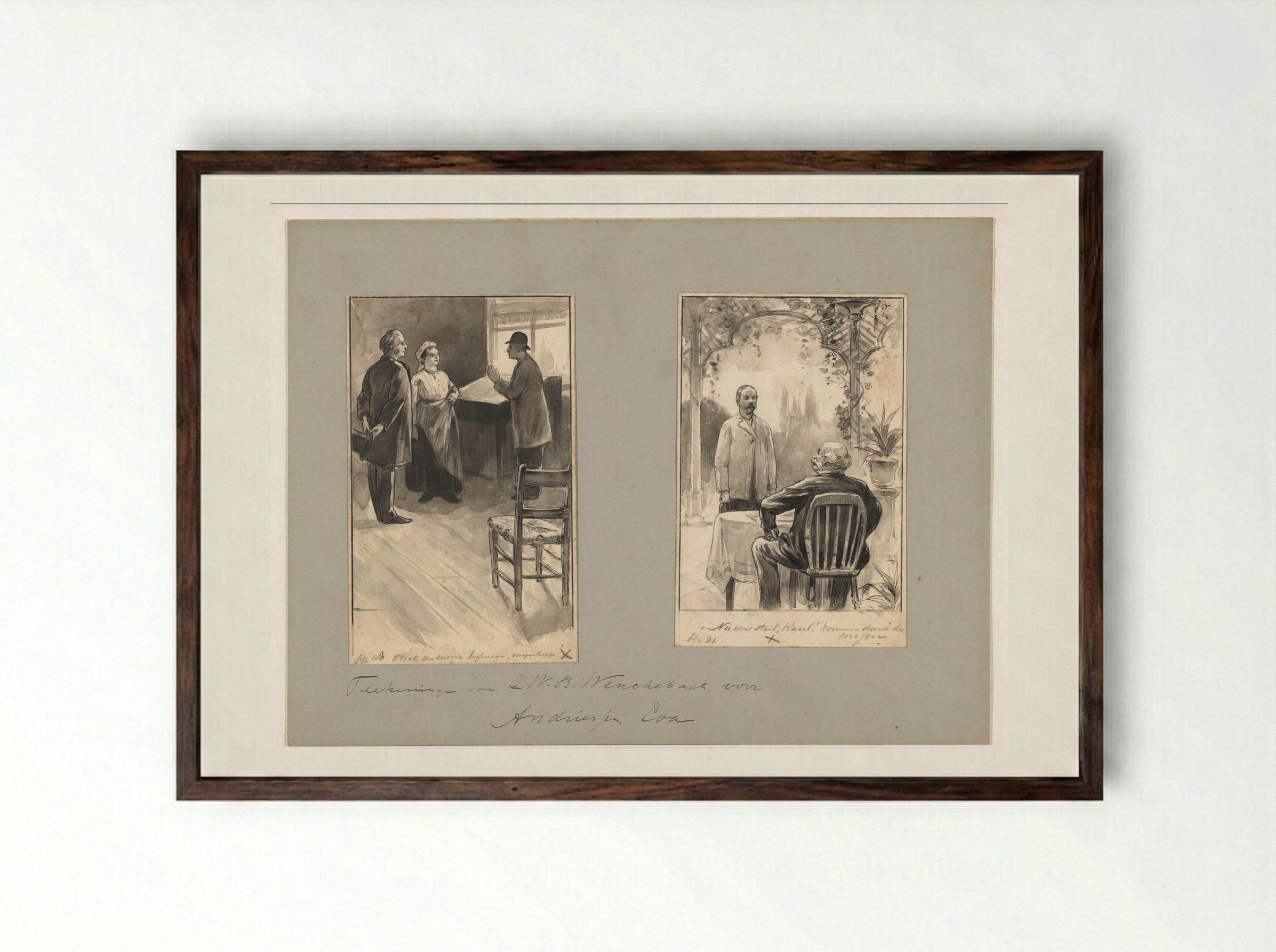 Mannen en vrouw bij een lessenaar en man op terras - Willem Wenckebach - Framed Print Dark Wood