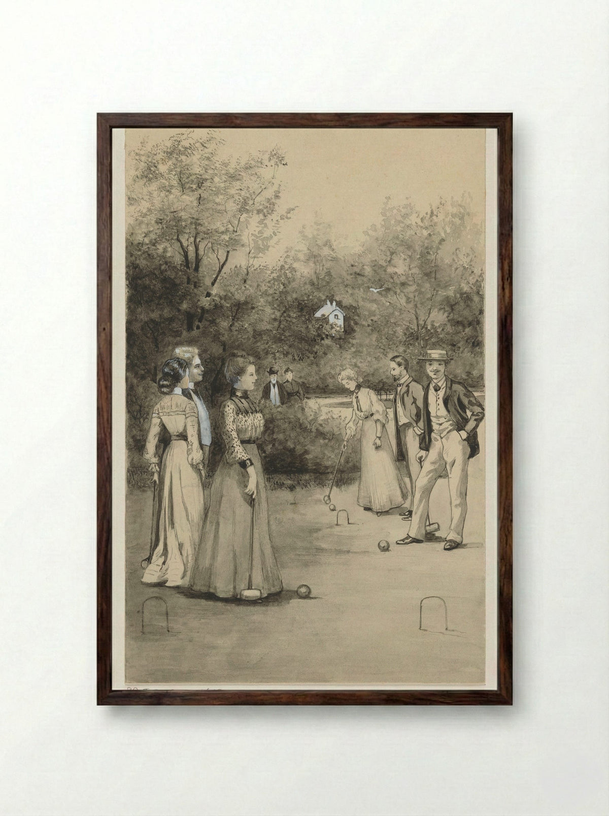 Mannen en vrouwen spelen croquet - Anna Maria Kruijff - Framed Print Dark Wood