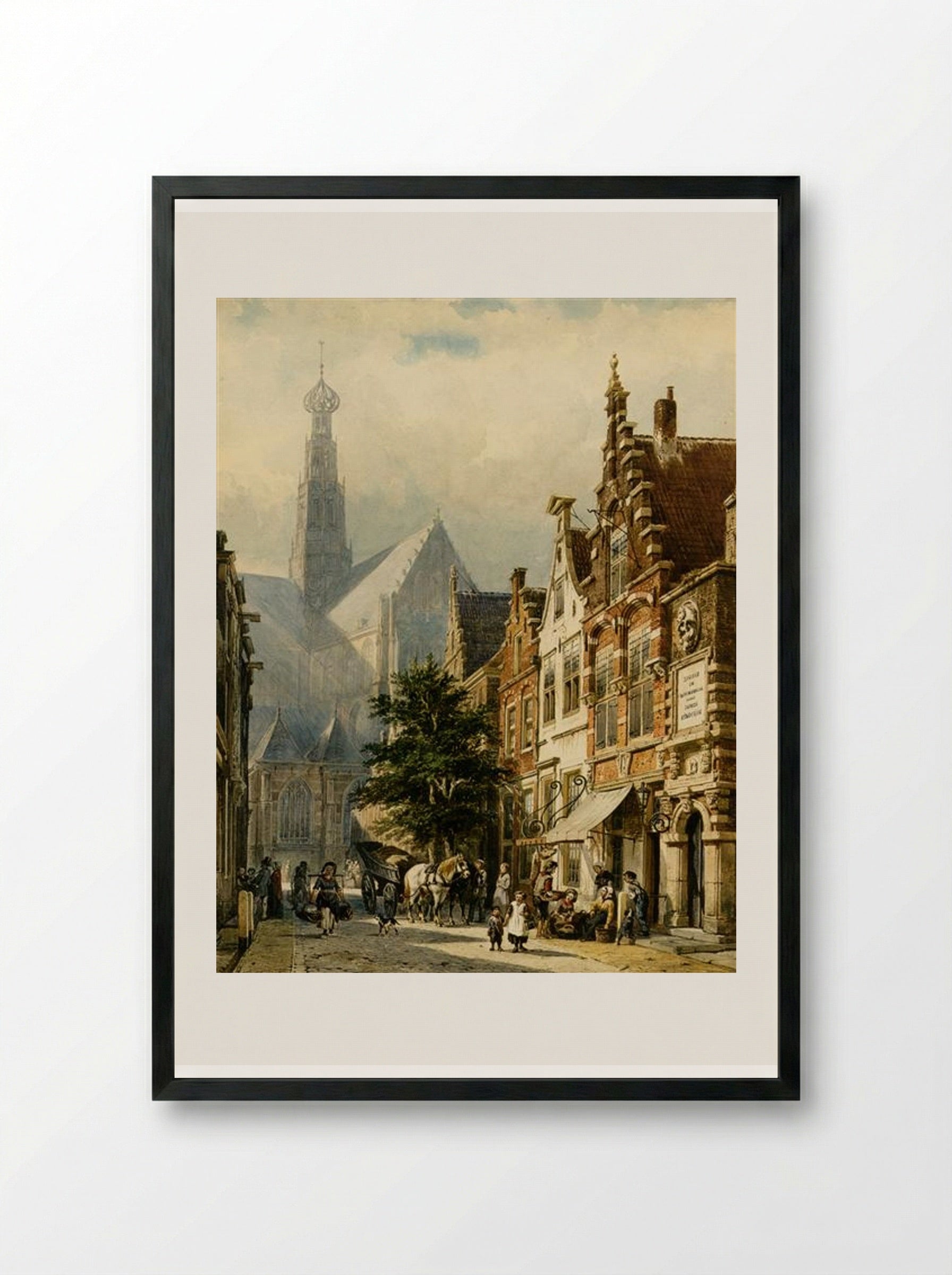 Many figures in the streets of Haarlem - Cornelis Springer - Framed Print Black