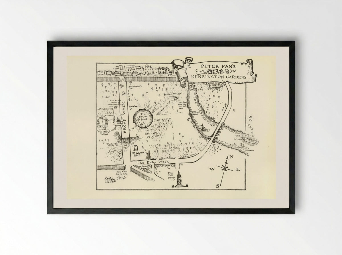 Map of Peter Pan's Kensington Gardens - Arthur Rackham - Framed Print Black